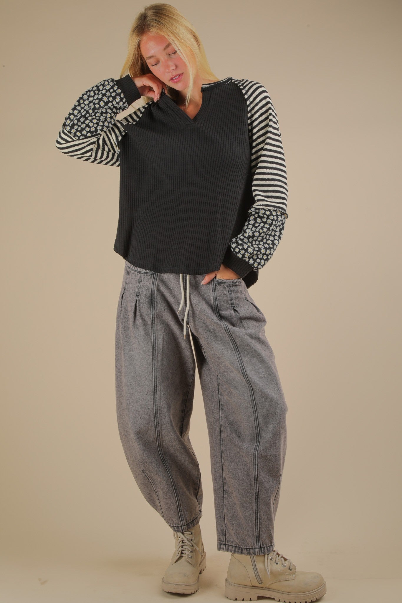Cute & Casual Oversized Floral & Stripe Top