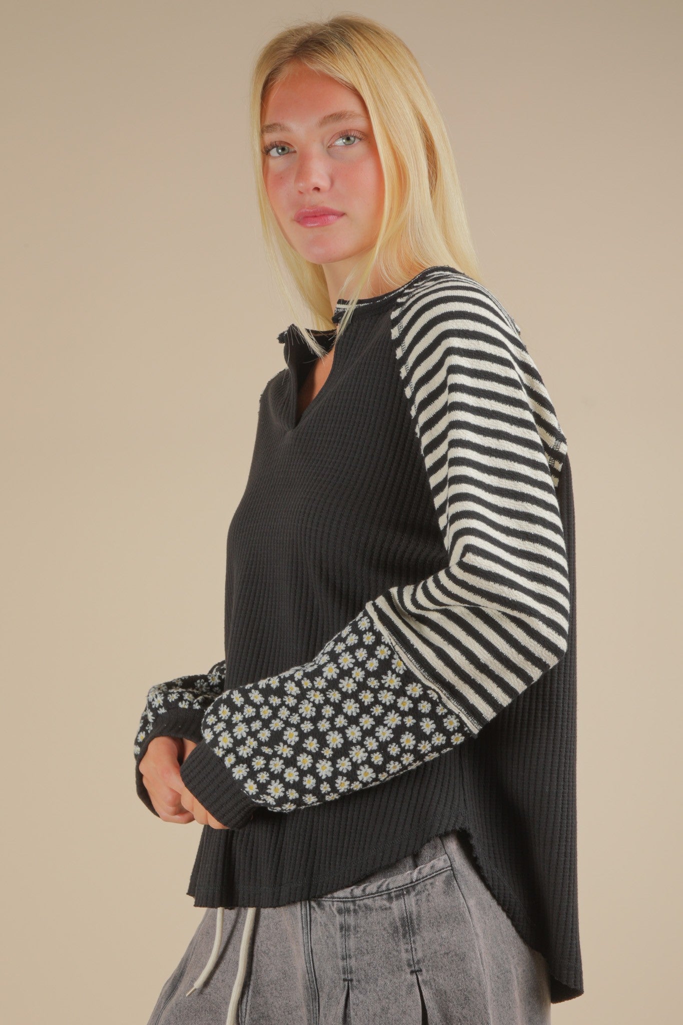 Cute & Casual Oversized Floral & Stripe Top