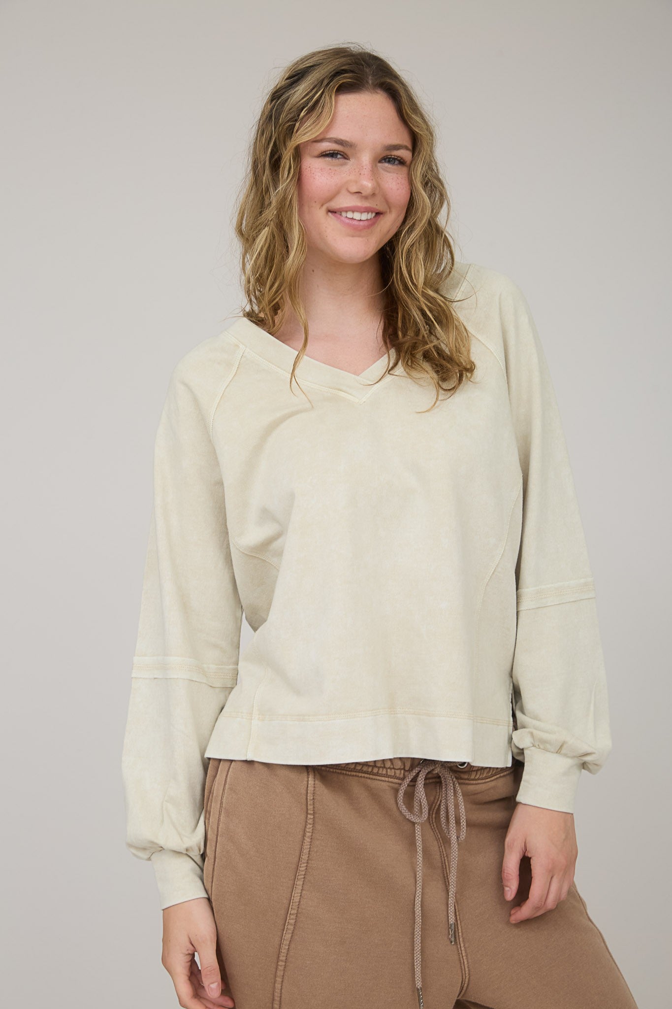 Ivory Washed V Neck Exposed Seam Long Sleeve Top