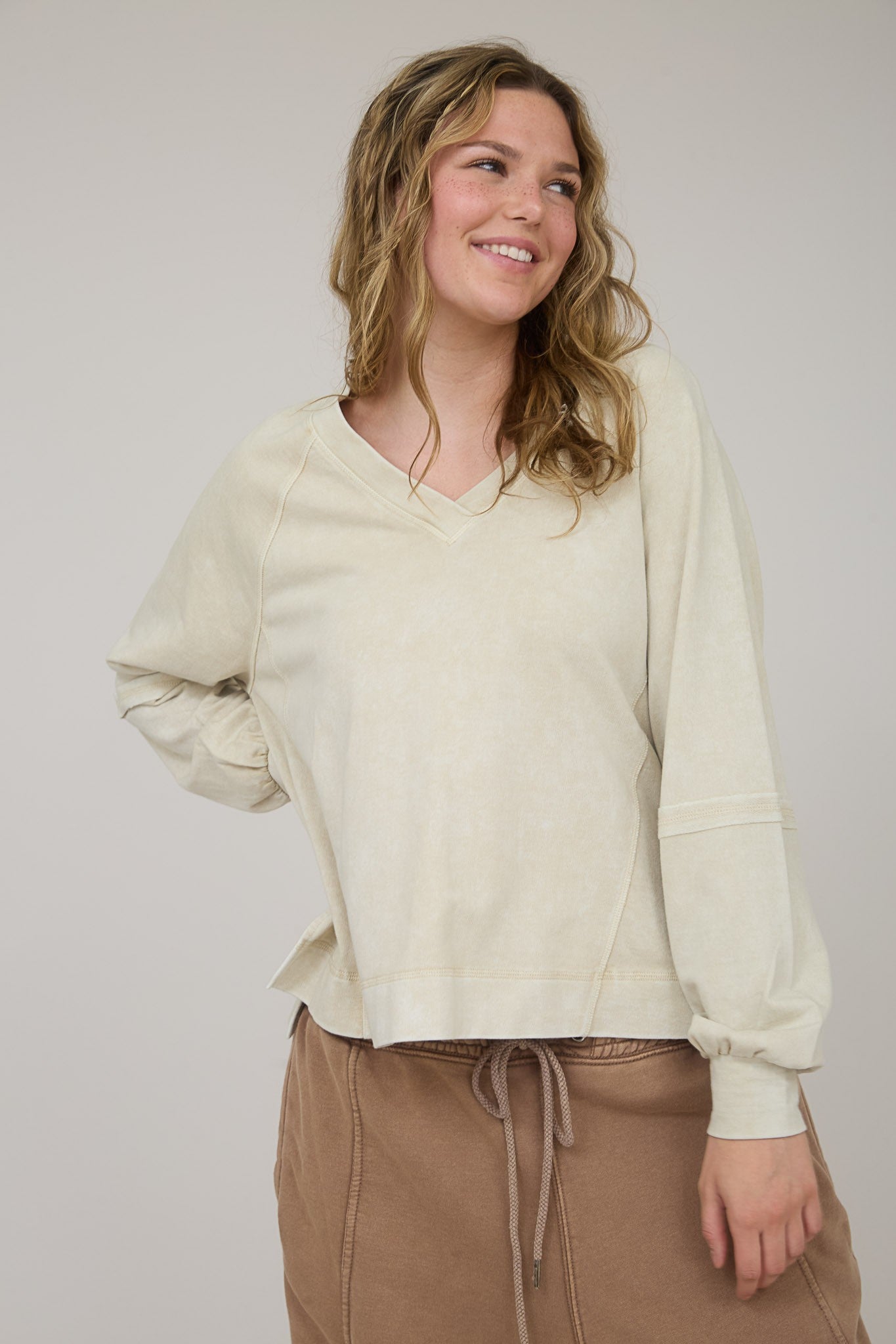 Ivory Washed V Neck Exposed Seam Long Sleeve Top