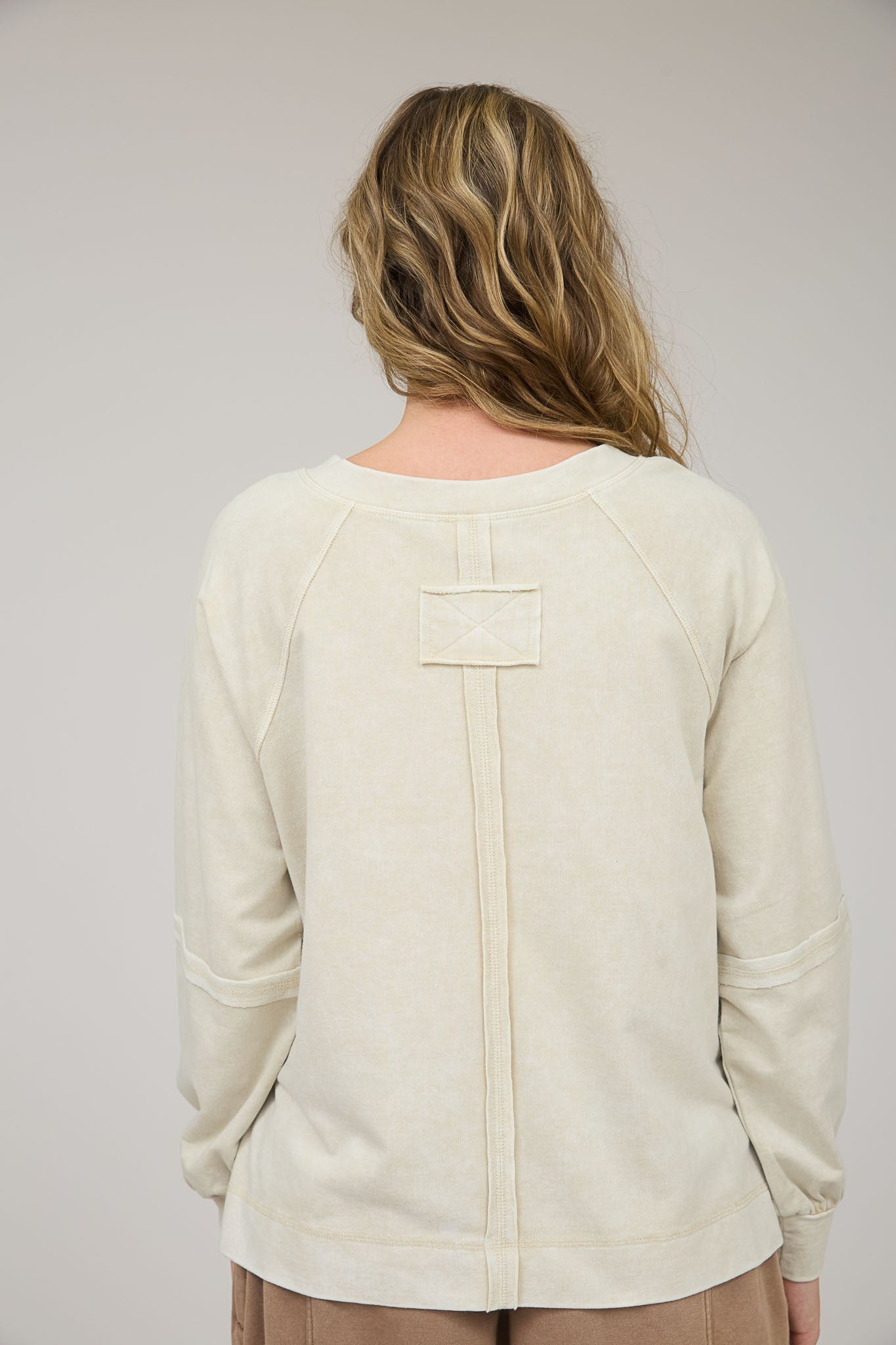 Ivory Washed V Neck Exposed Seam Long Sleeve Top