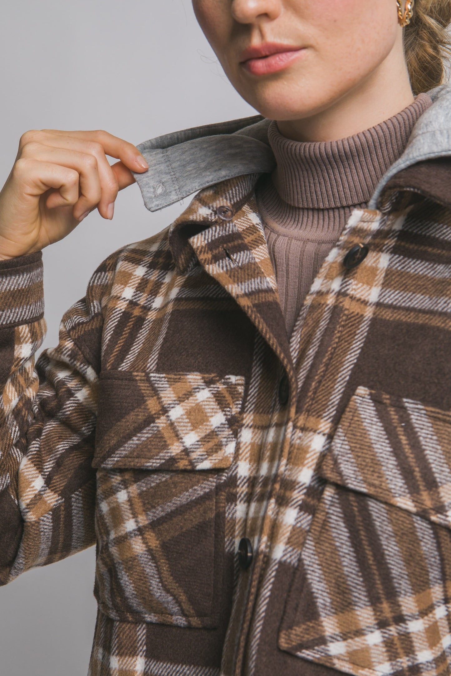 Espresso & Honey Plaid Shacket With Detachable Hood