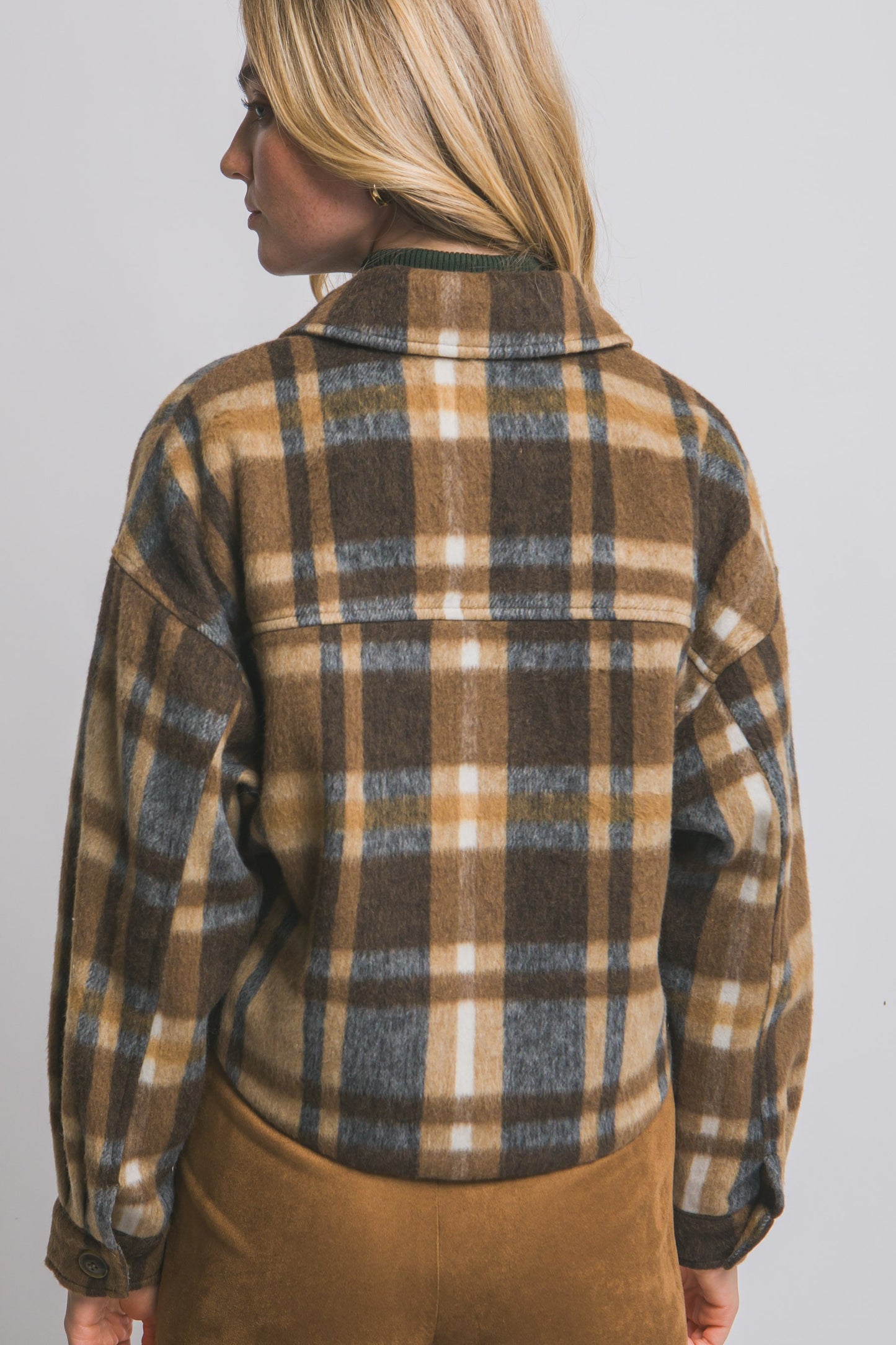 Caramel Honey Button Short Plaid Shacket