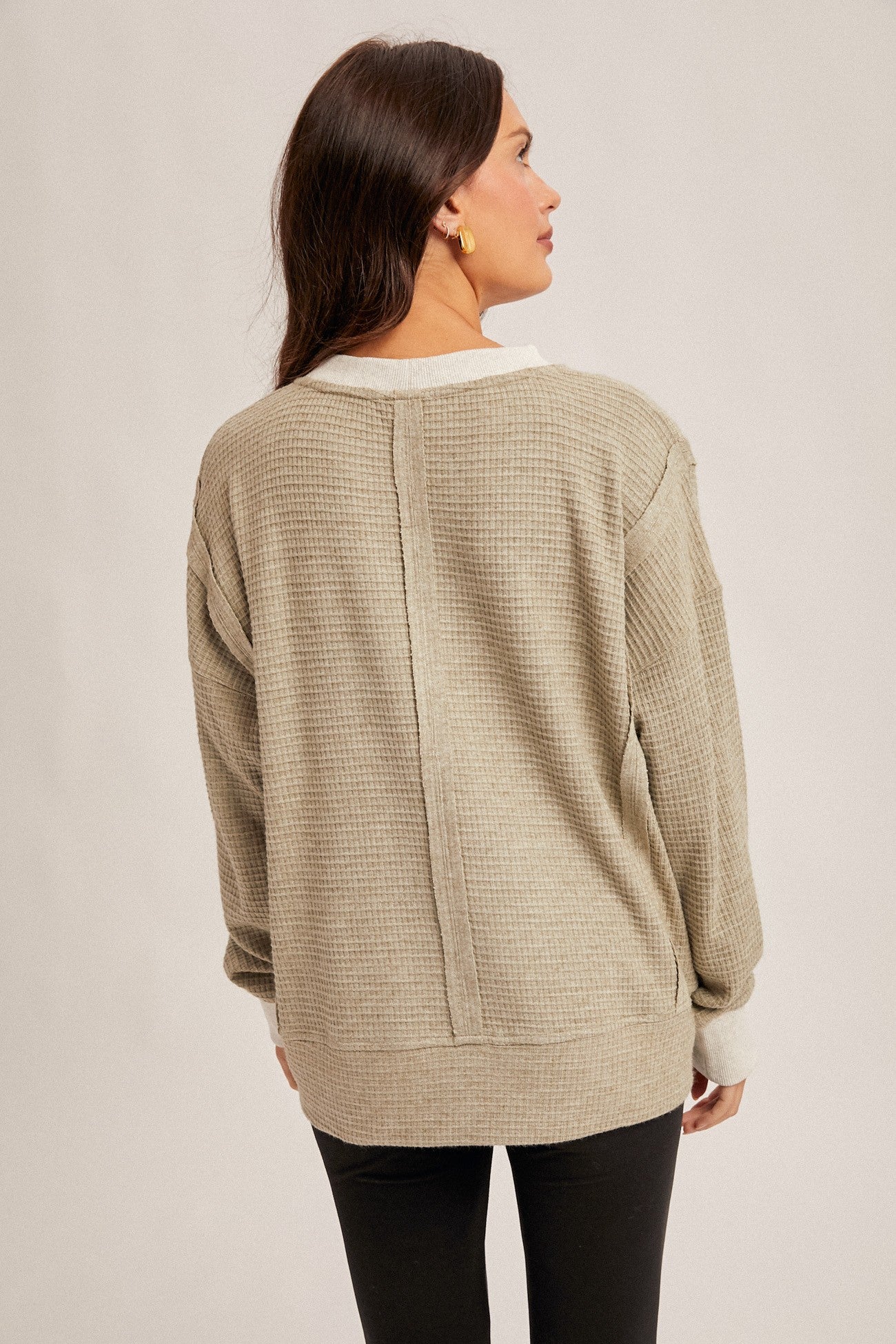 Olive Cream Mix Brush Thermal Crew Neck Oversized Pullover