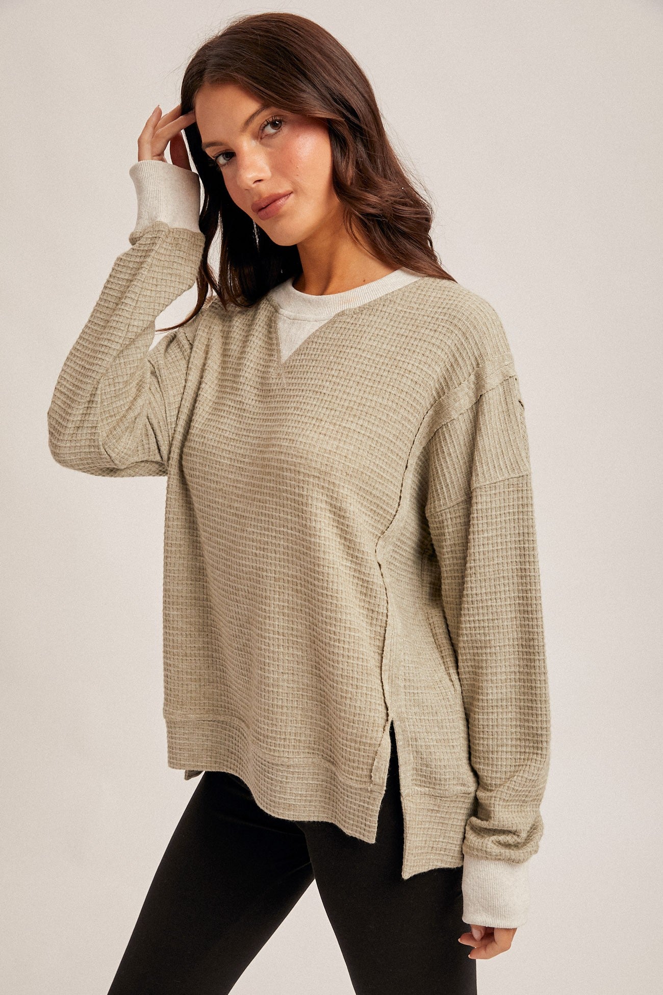 Olive Cream Mix Brush Thermal Crew Neck Oversized Pullover