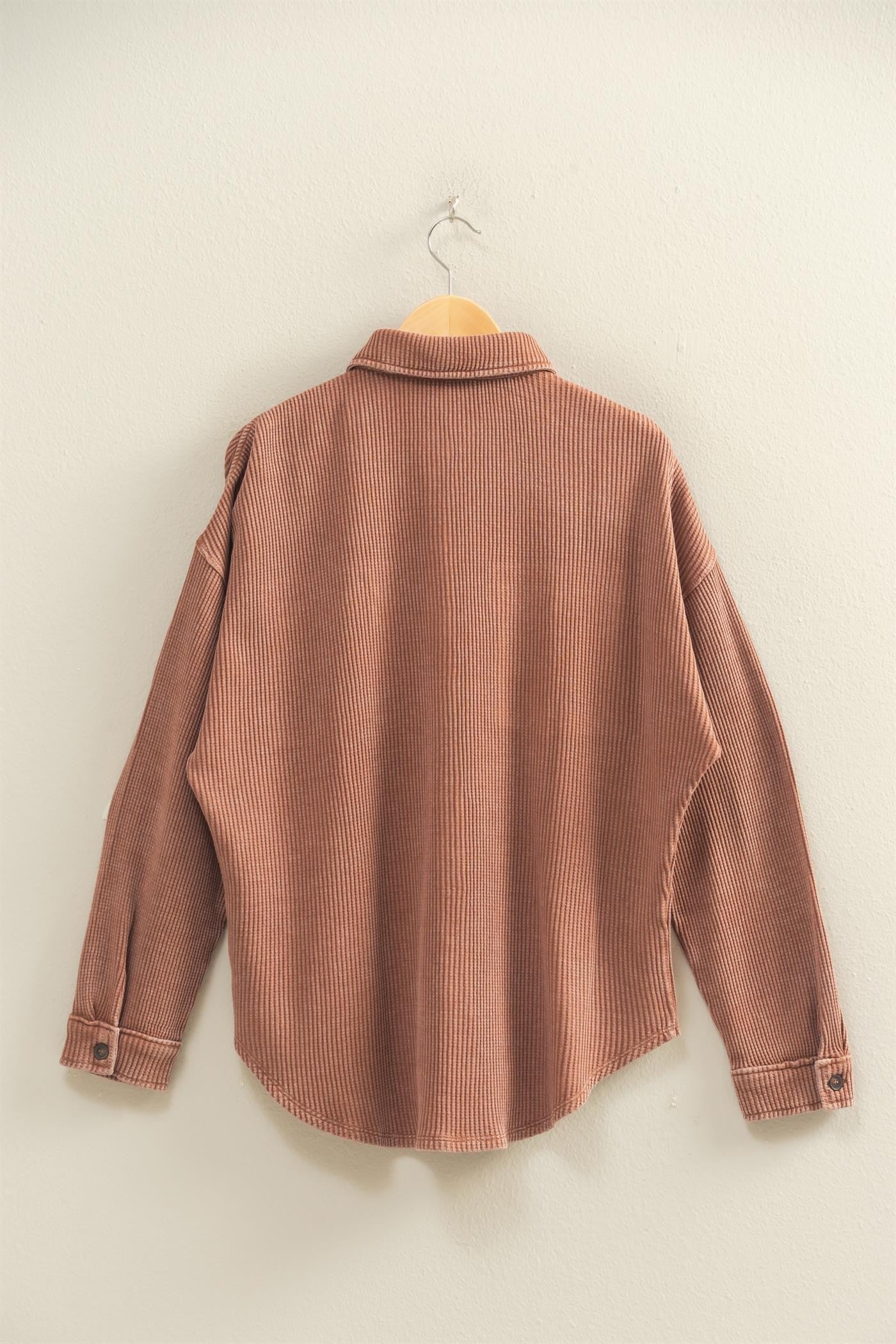 Oversized Mineral Washed Waffle Button Up Shacket Chestnut