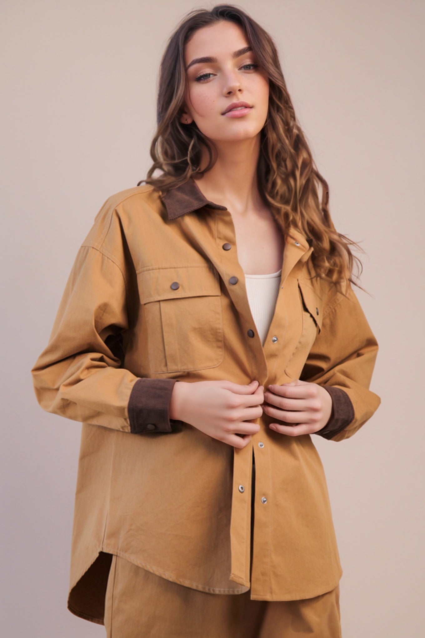 On Trend Button Down Shacket Camel