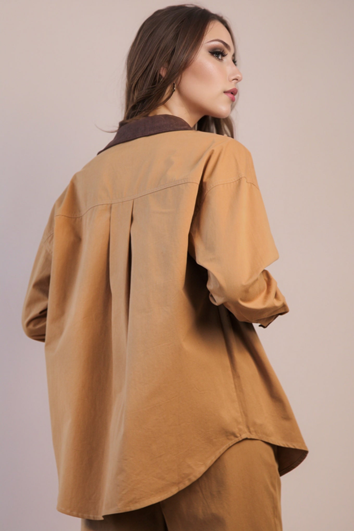On Trend Button Down Shacket Camel