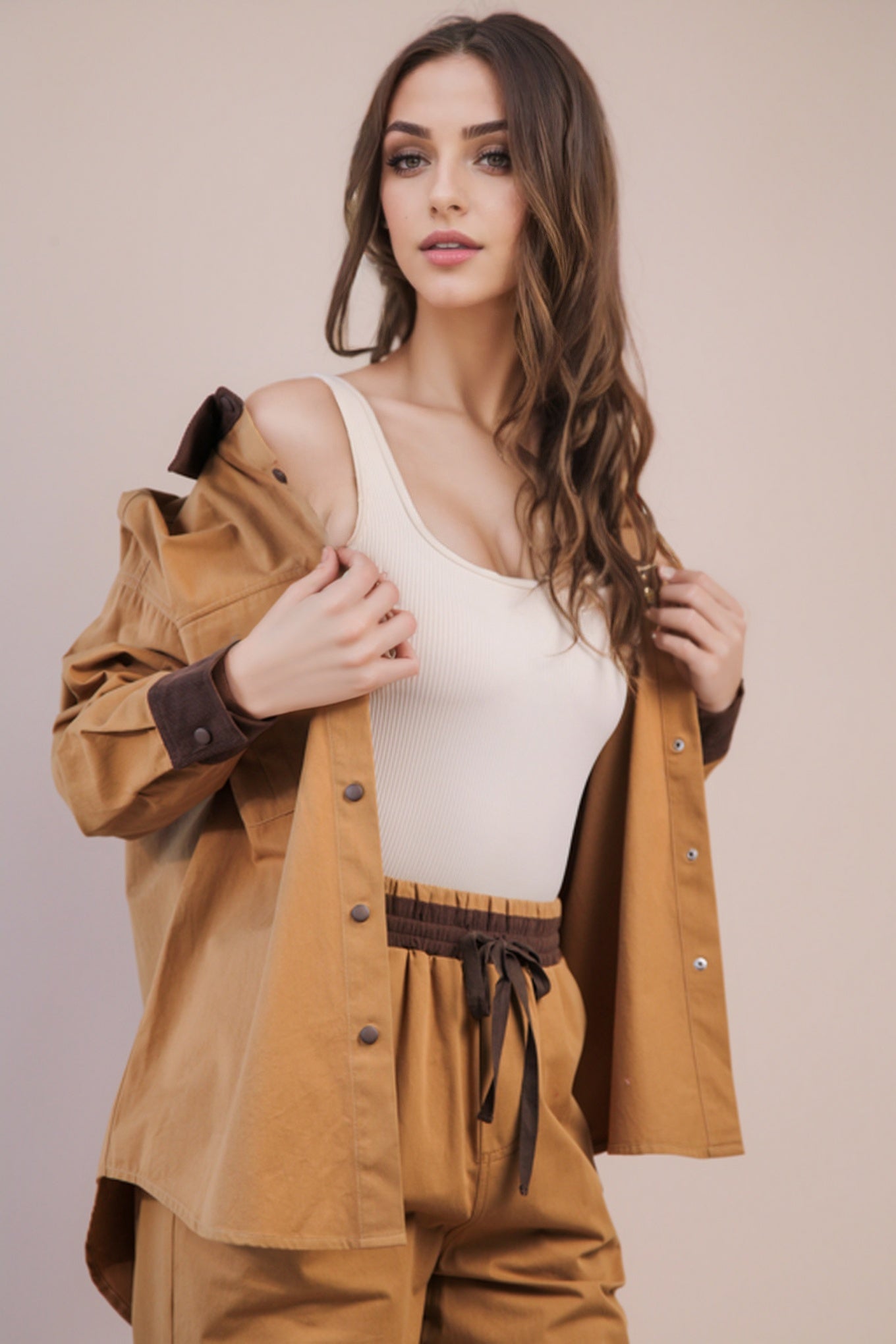 On Trend Button Down Shacket Camel