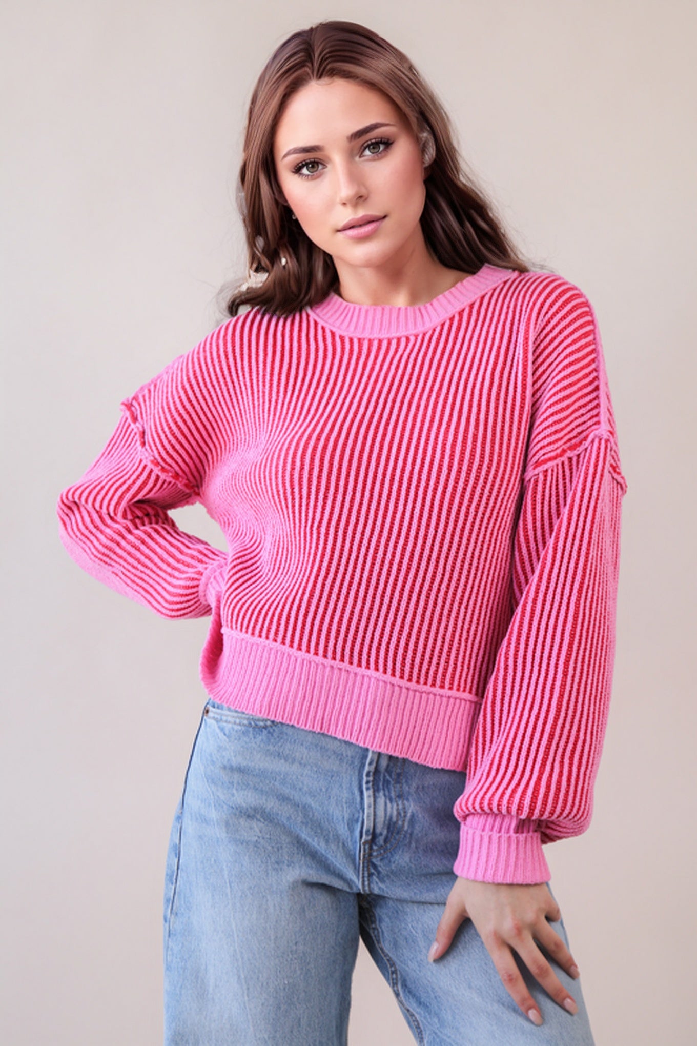 Pink Cozy & Cute Two Tone Striped Sweater