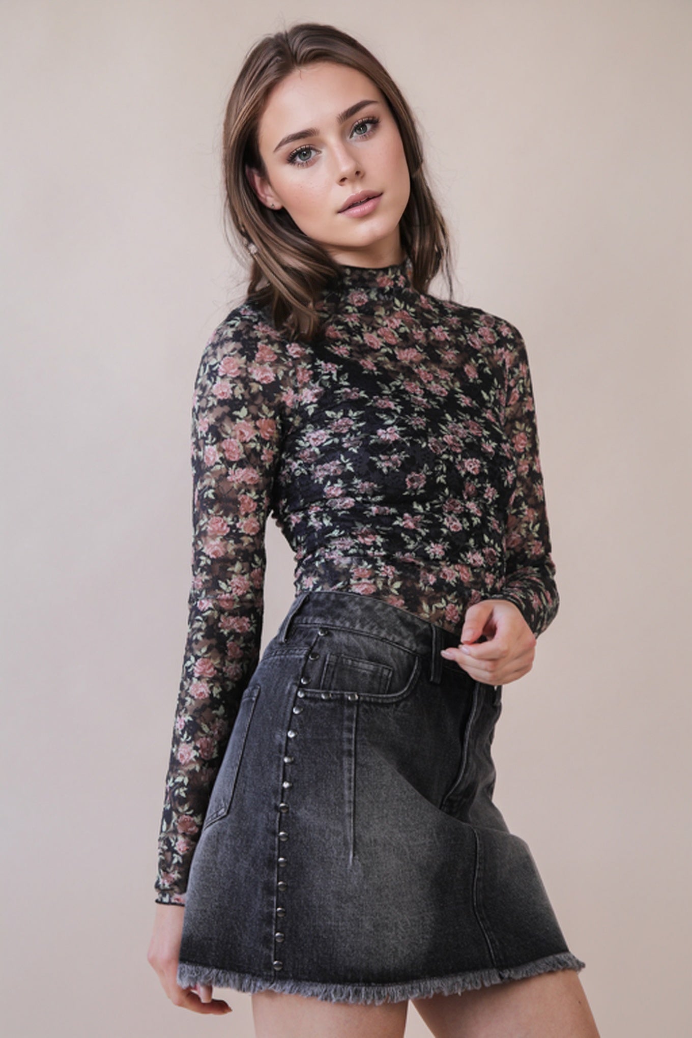 Black Floral Sheer Mesh Lace Top