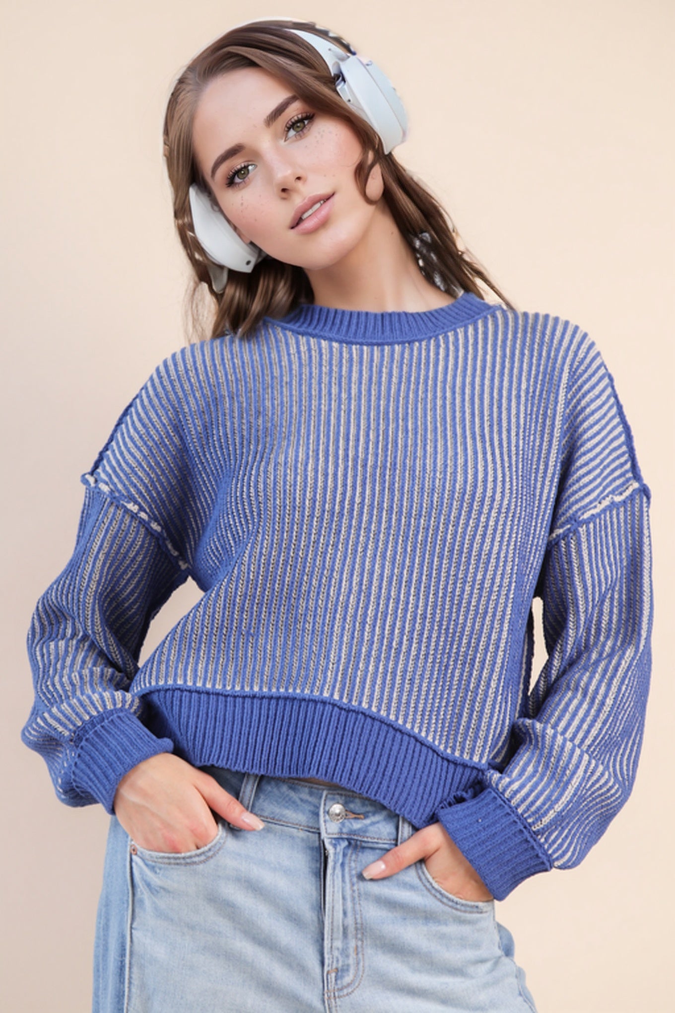 Blue Cozy & Cute Two Tone Striped Sweater