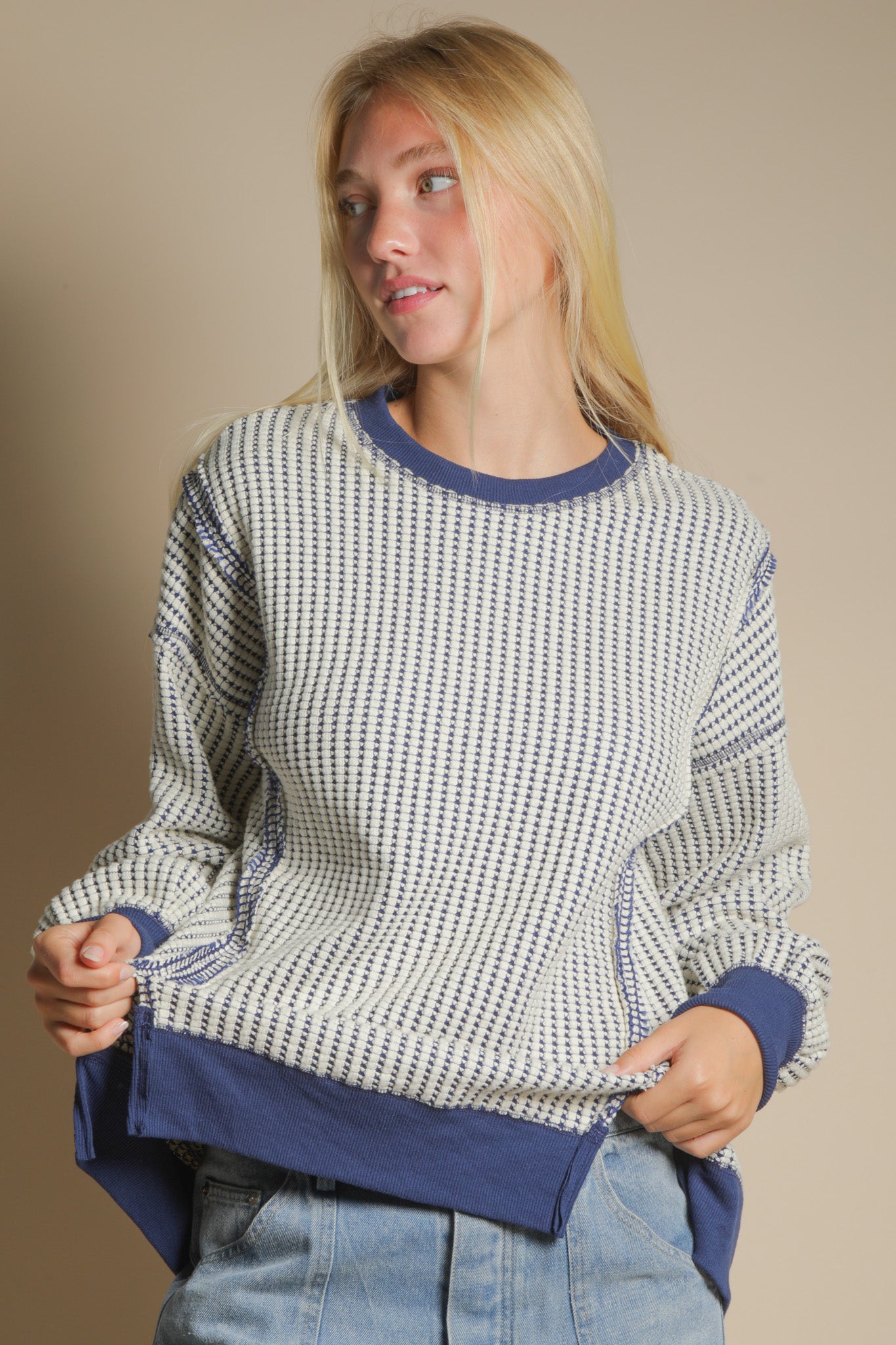 Navy Oversized Waffle Knit Casual Top