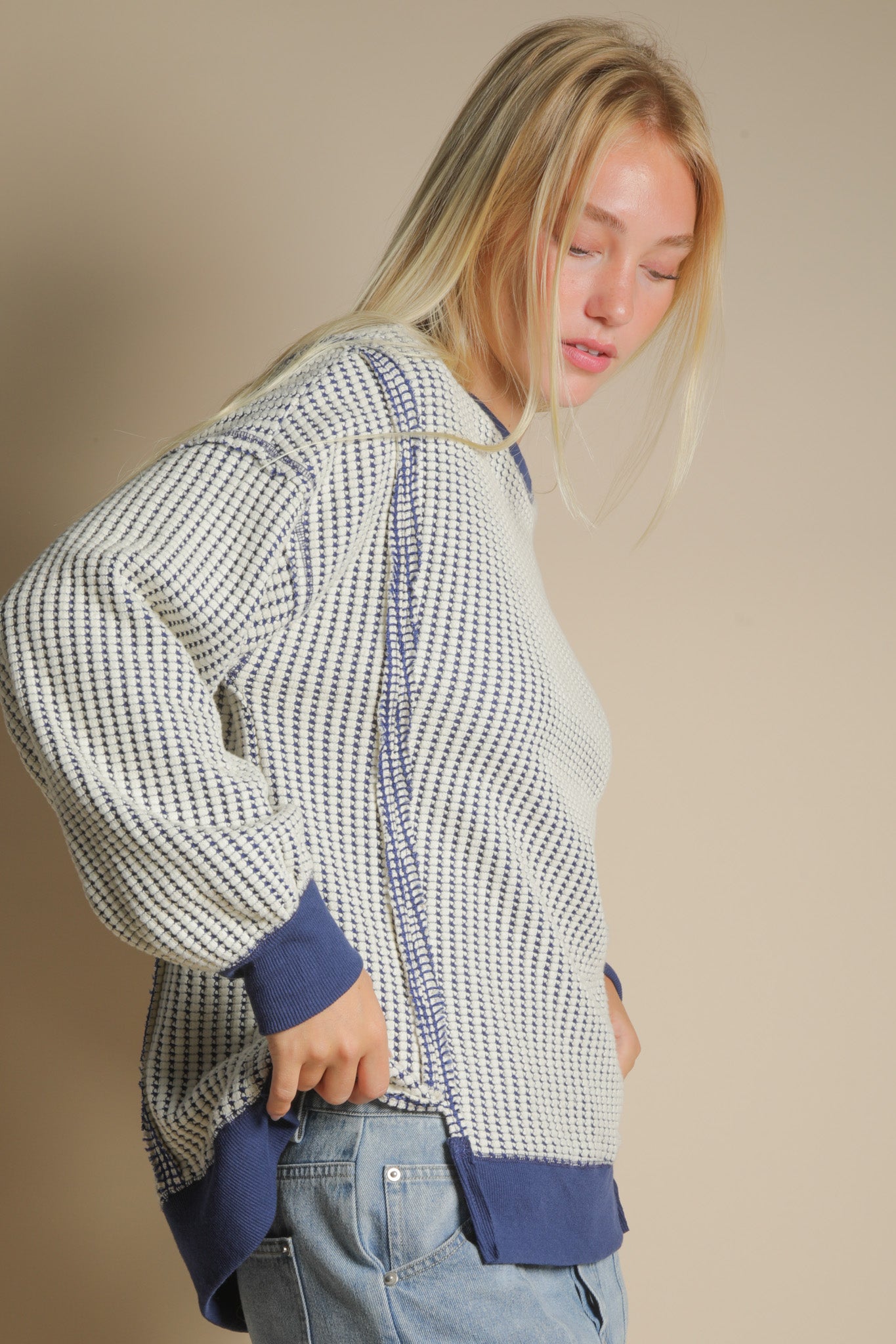 Navy Oversized Waffle Knit Casual Top