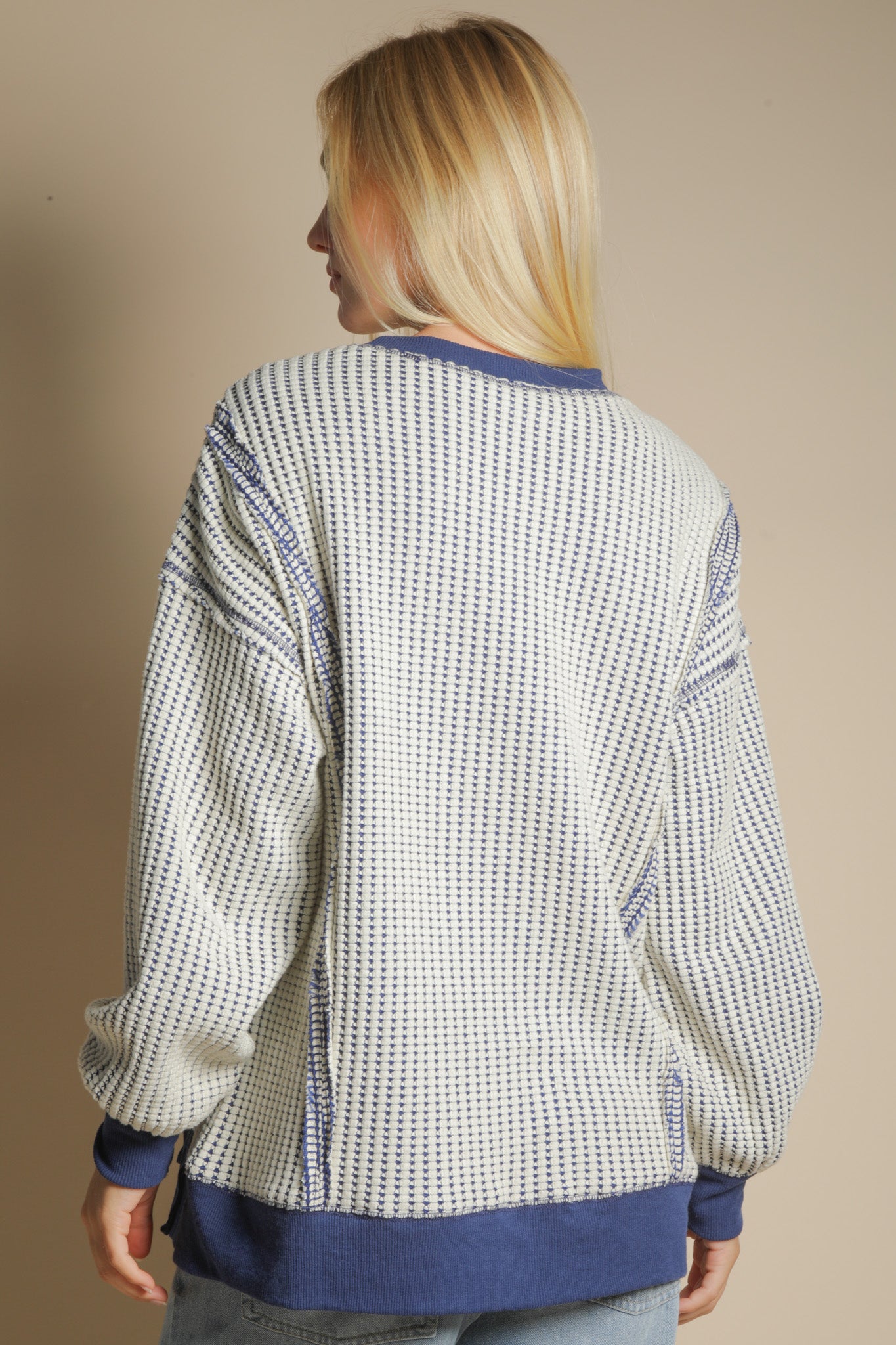 Navy Oversized Waffle Knit Casual Top
