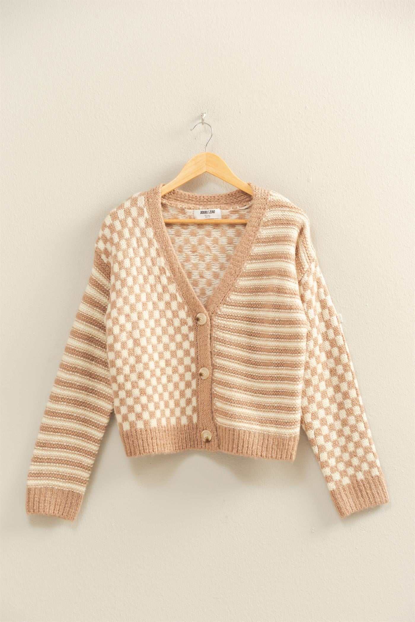Checkers & Stripes Cardigan Taupe Cream
