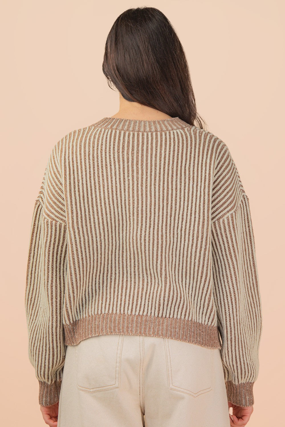 Front Tie Two Tone Knit Cardigan Mocha & Cream