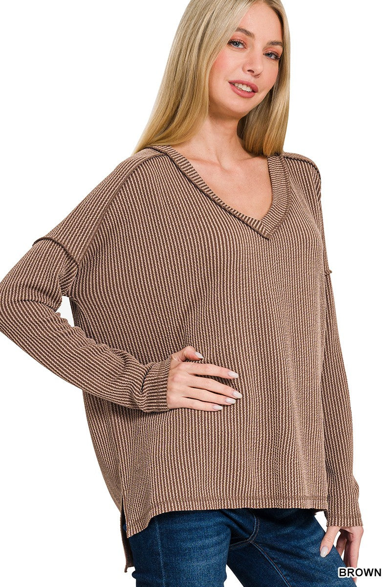 Corded Long Sleeve Hi-Low V Neck Top in Mocha