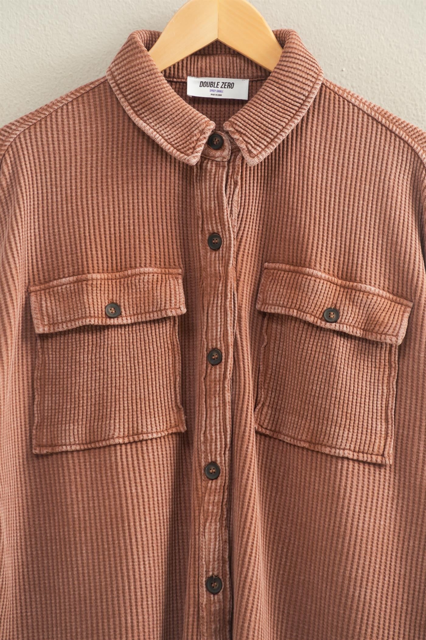 Oversized Mineral Washed Waffle Button Up Shacket Chestnut