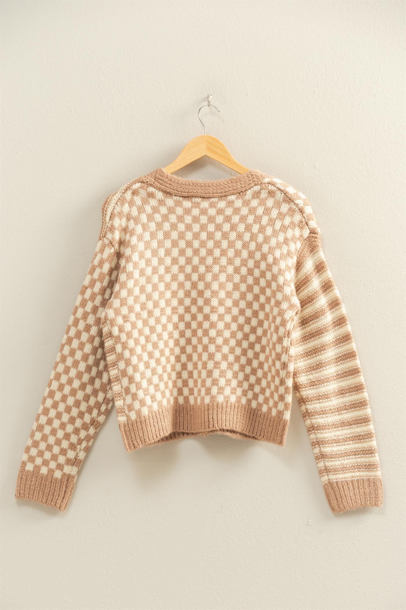 Checkers & Stripes Cardigan Taupe Cream