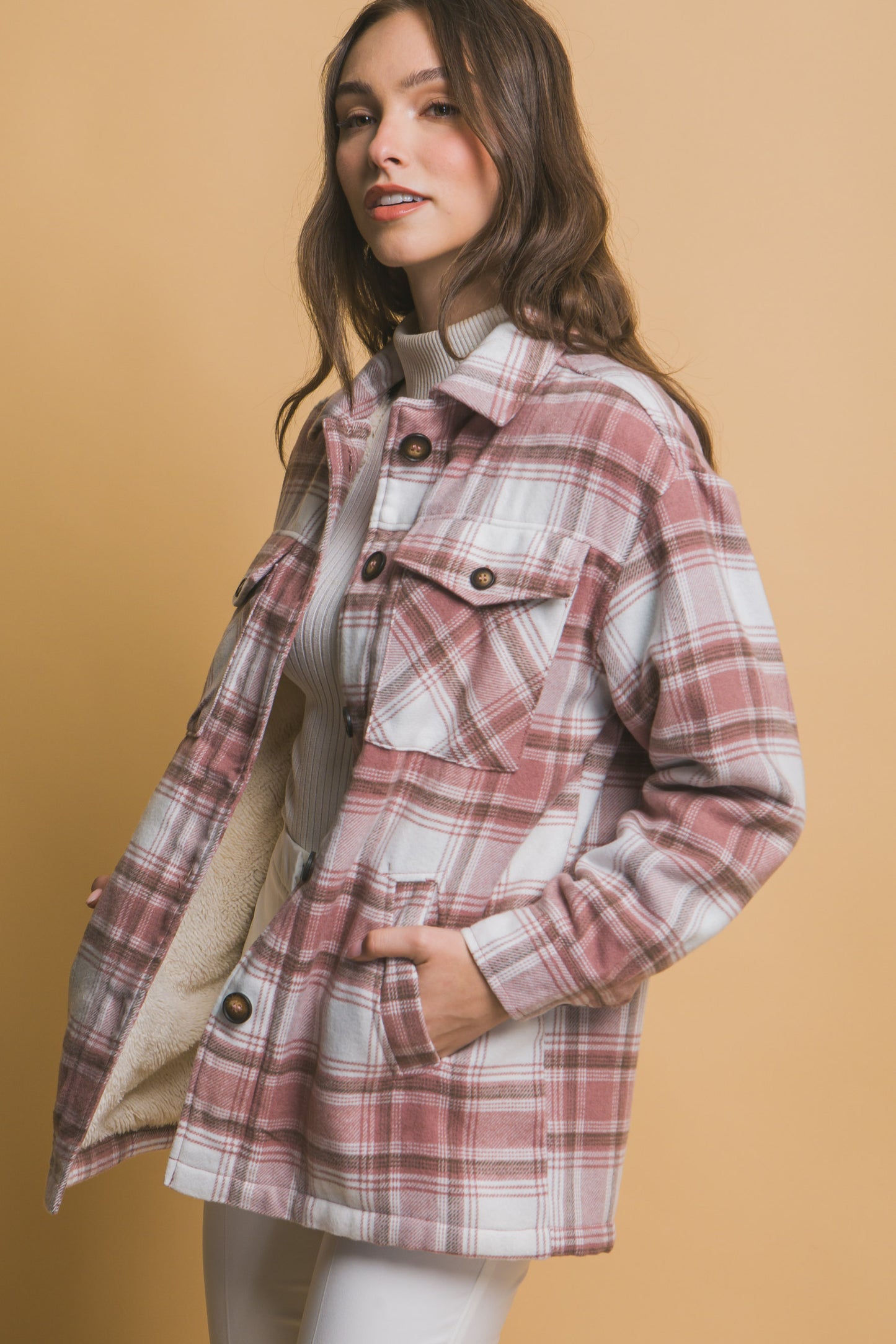 Plaid Button Up Sherpa Lined Jacket Pink