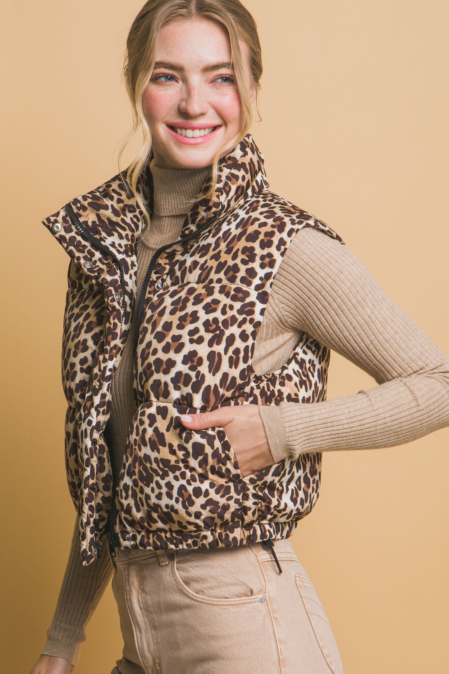 Leopard Print Zip Up Puffer Vest