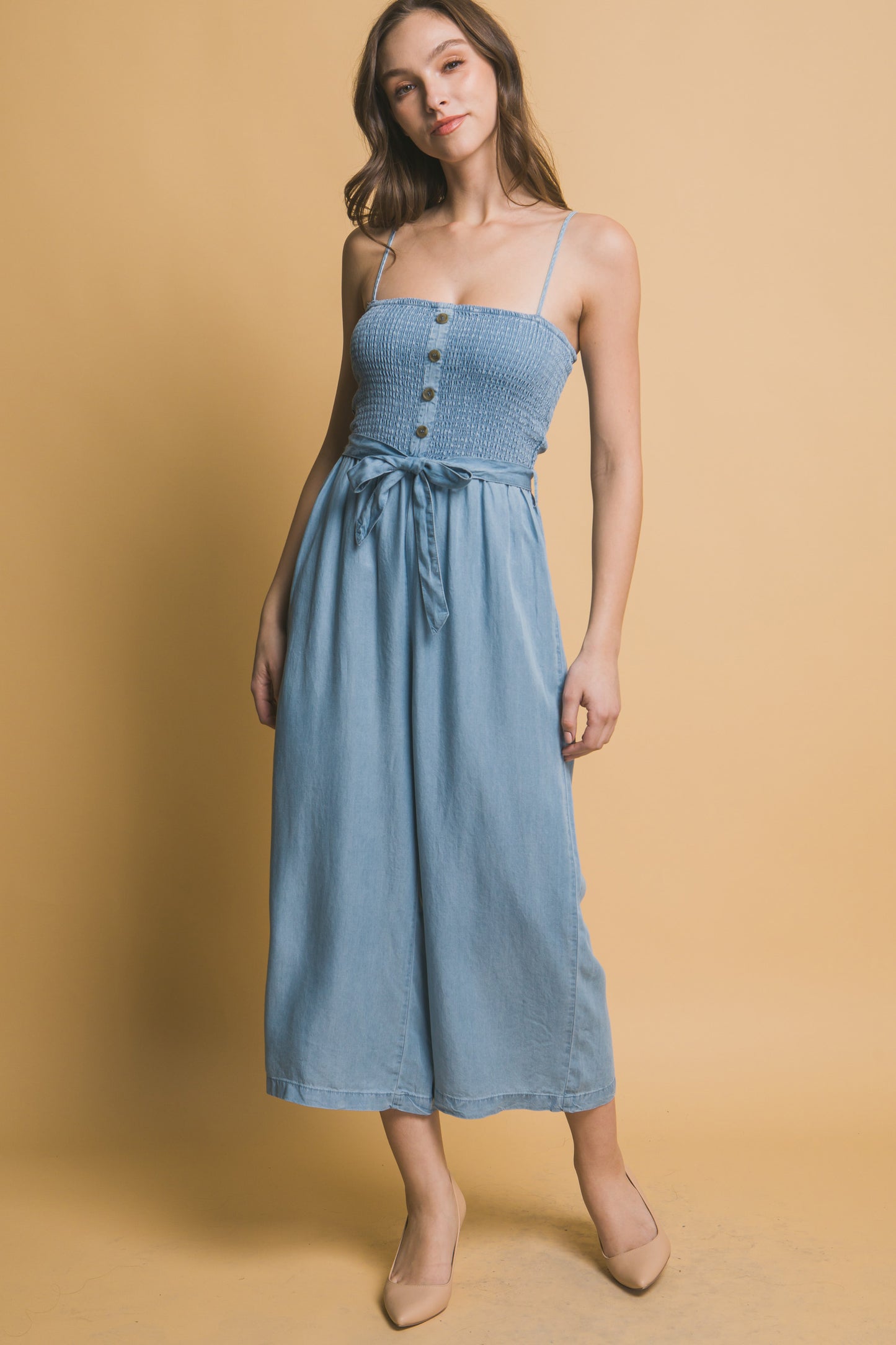 Smocked Wide Leg Cropped Jumpsuit