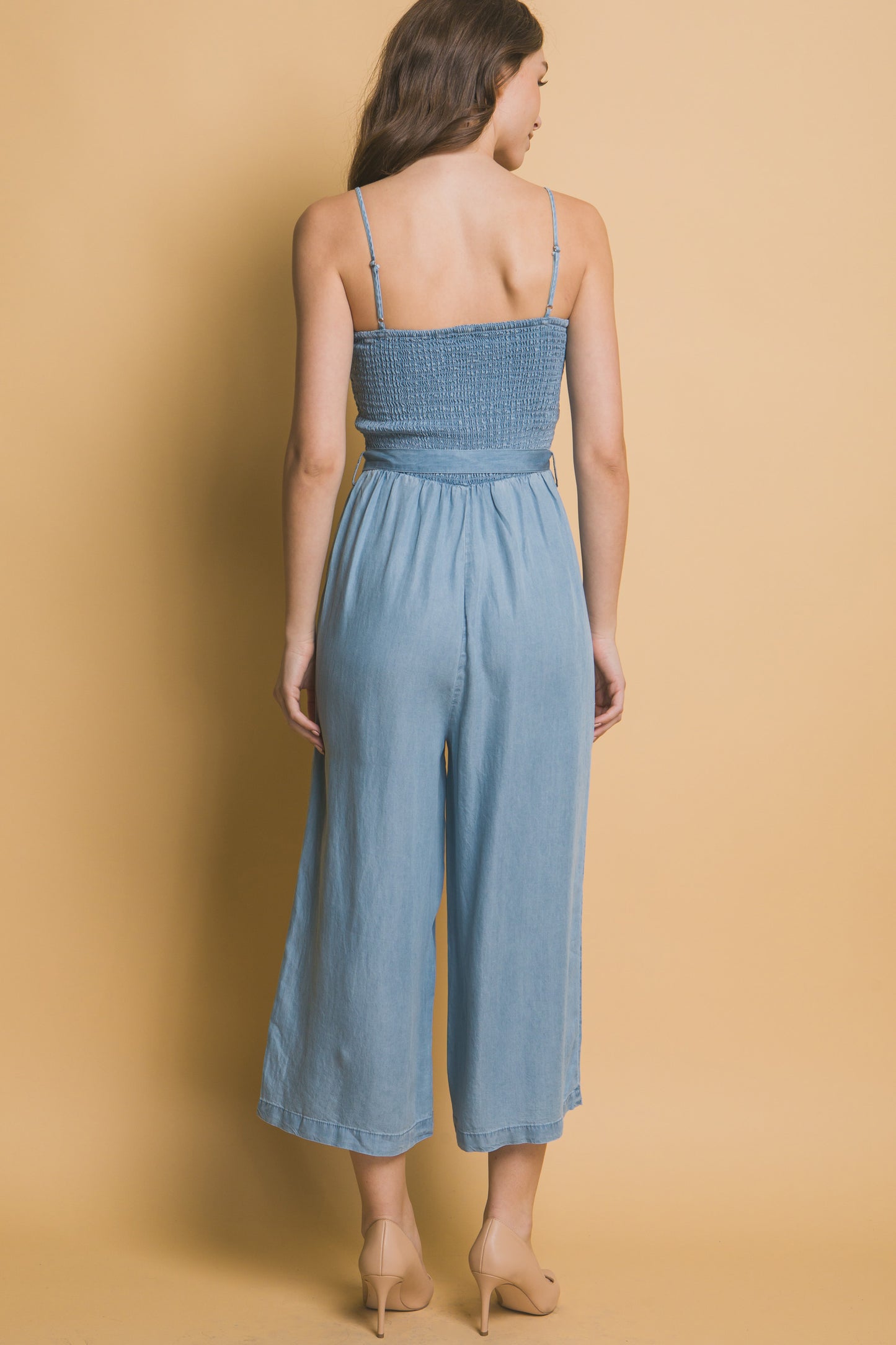 Smocked Wide Leg Cropped Jumpsuit
