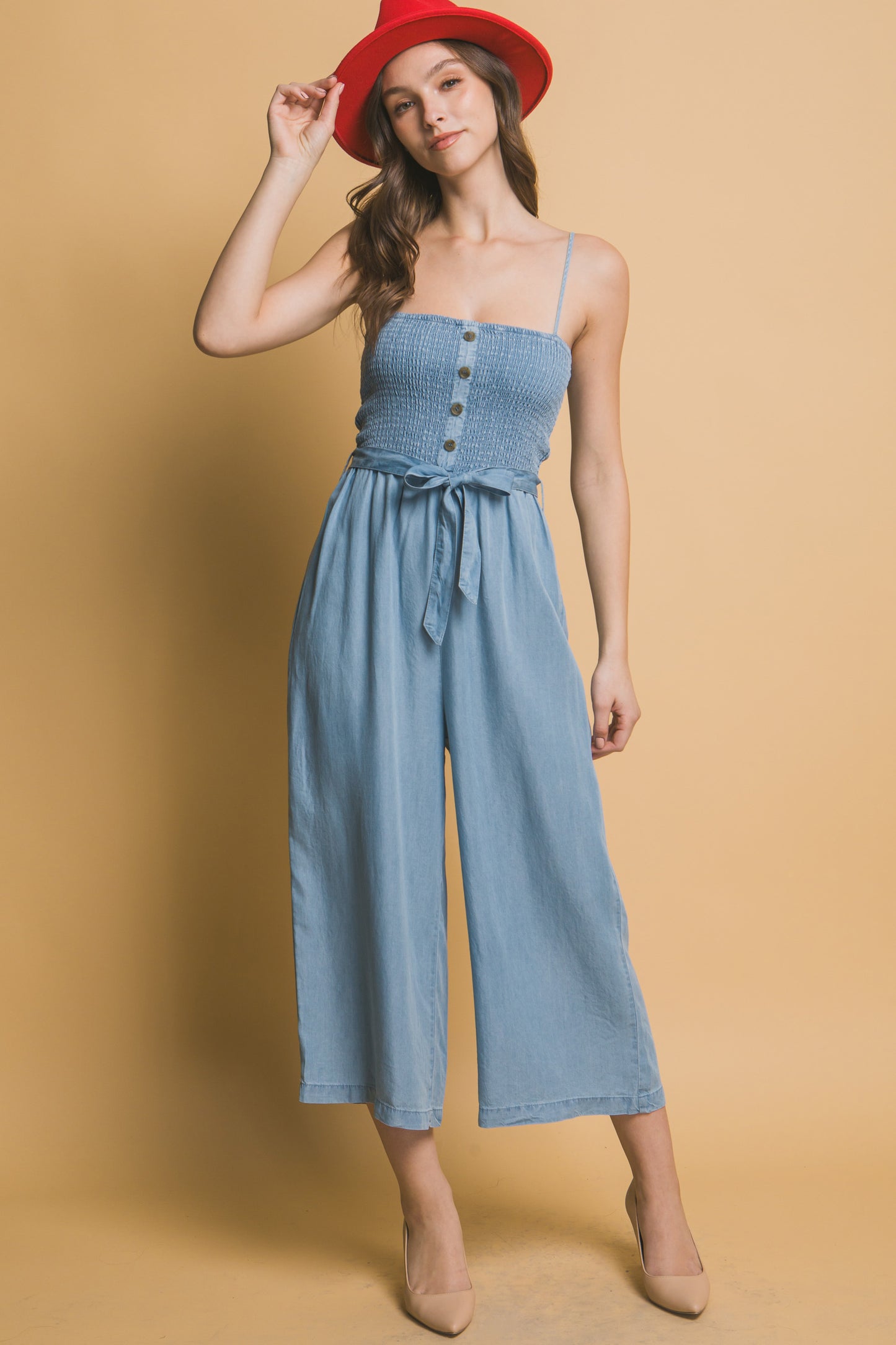 Smocked Wide Leg Cropped Jumpsuit