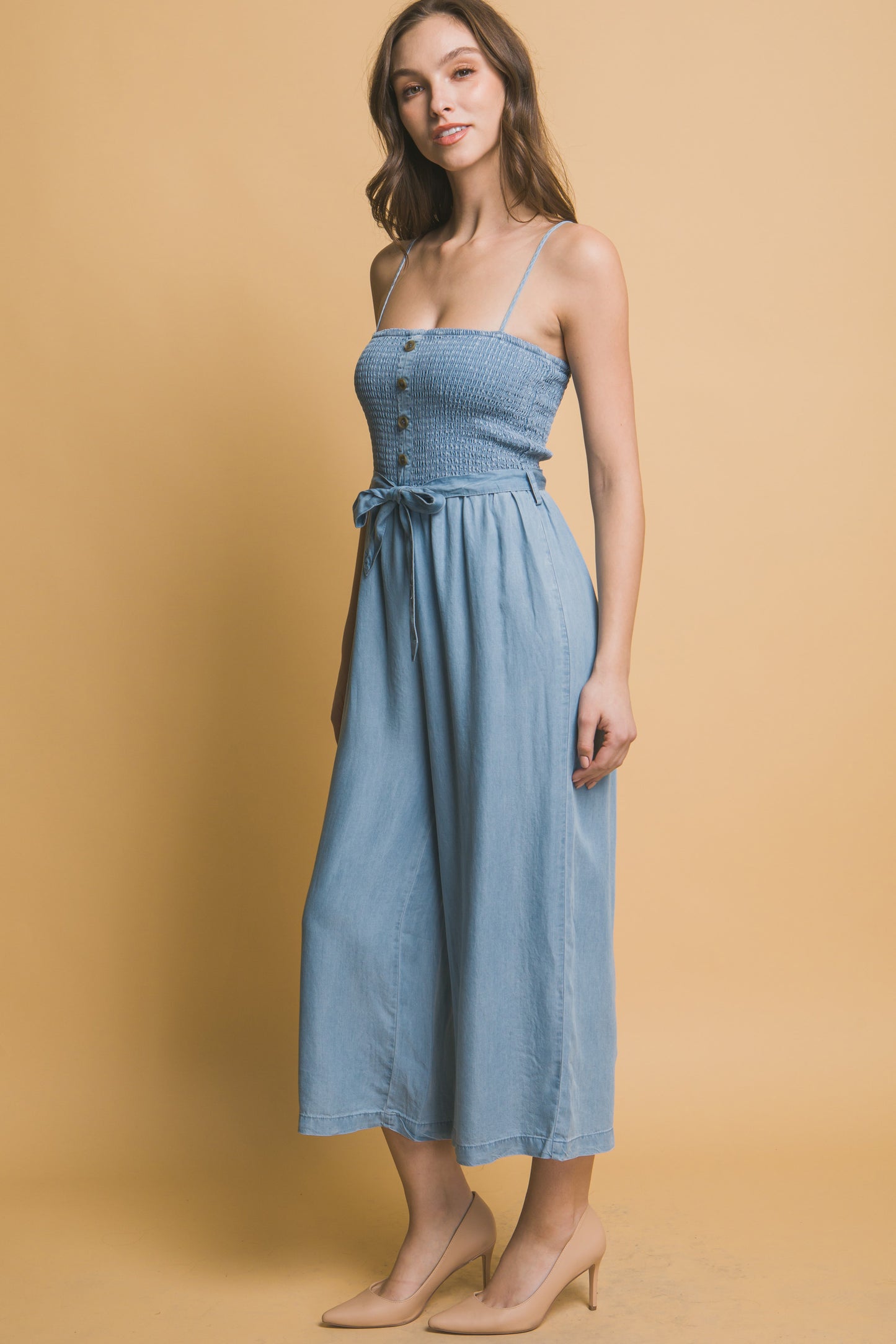 Smocked Wide Leg Cropped Jumpsuit
