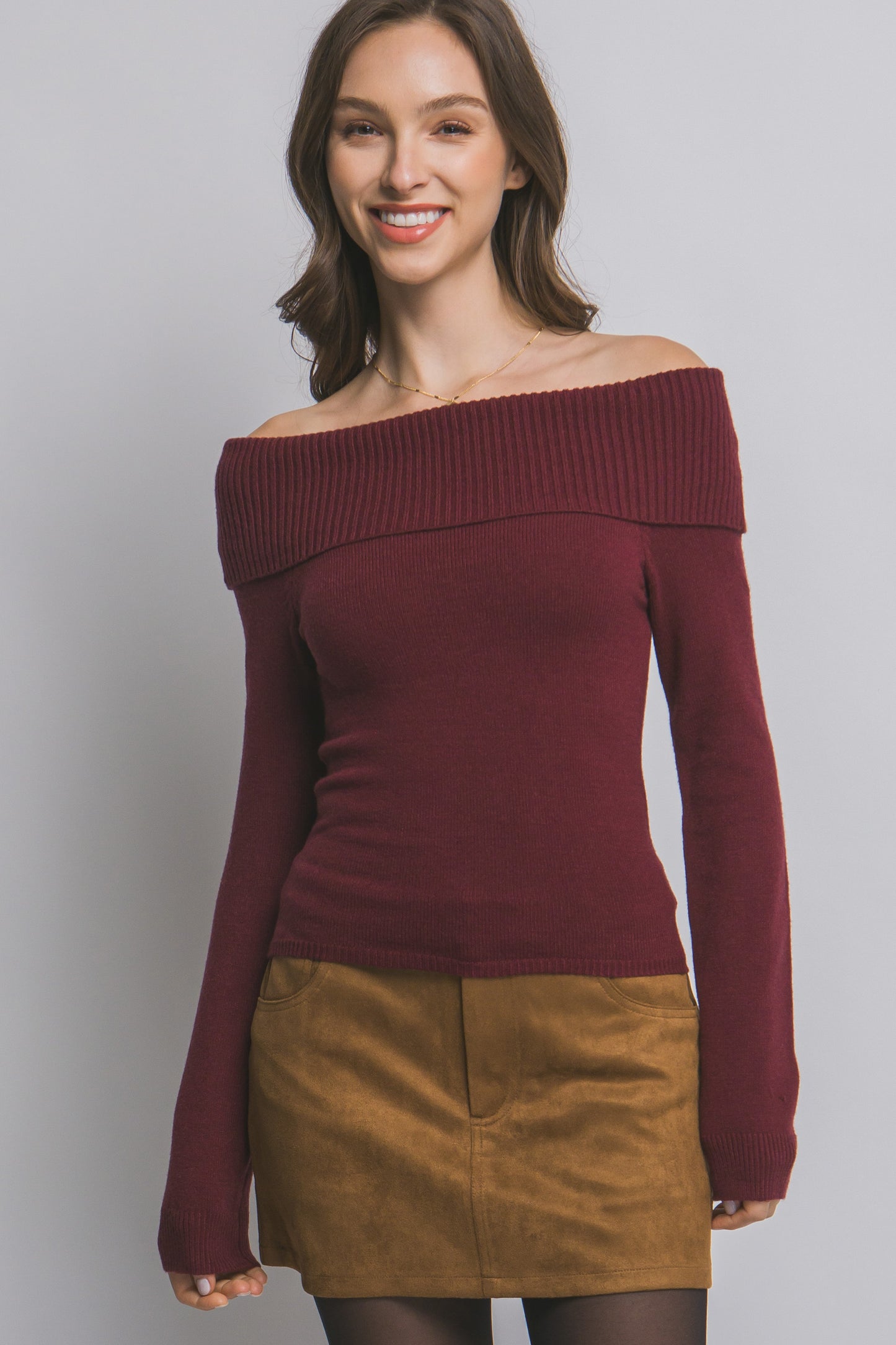 Ribbed Fitted Off Shoulder Top Burgundy