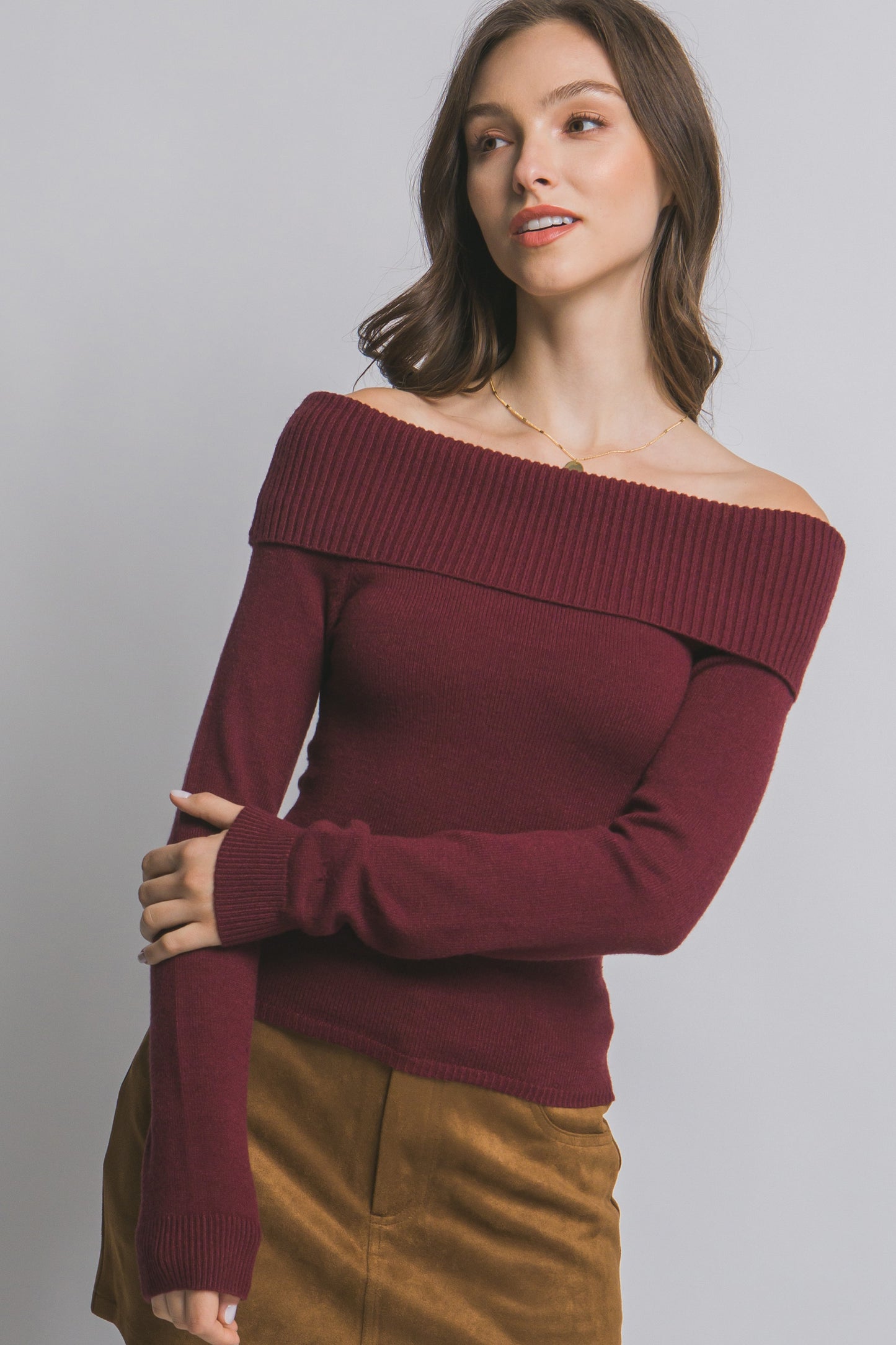 Ribbed Fitted Off Shoulder Top Burgundy