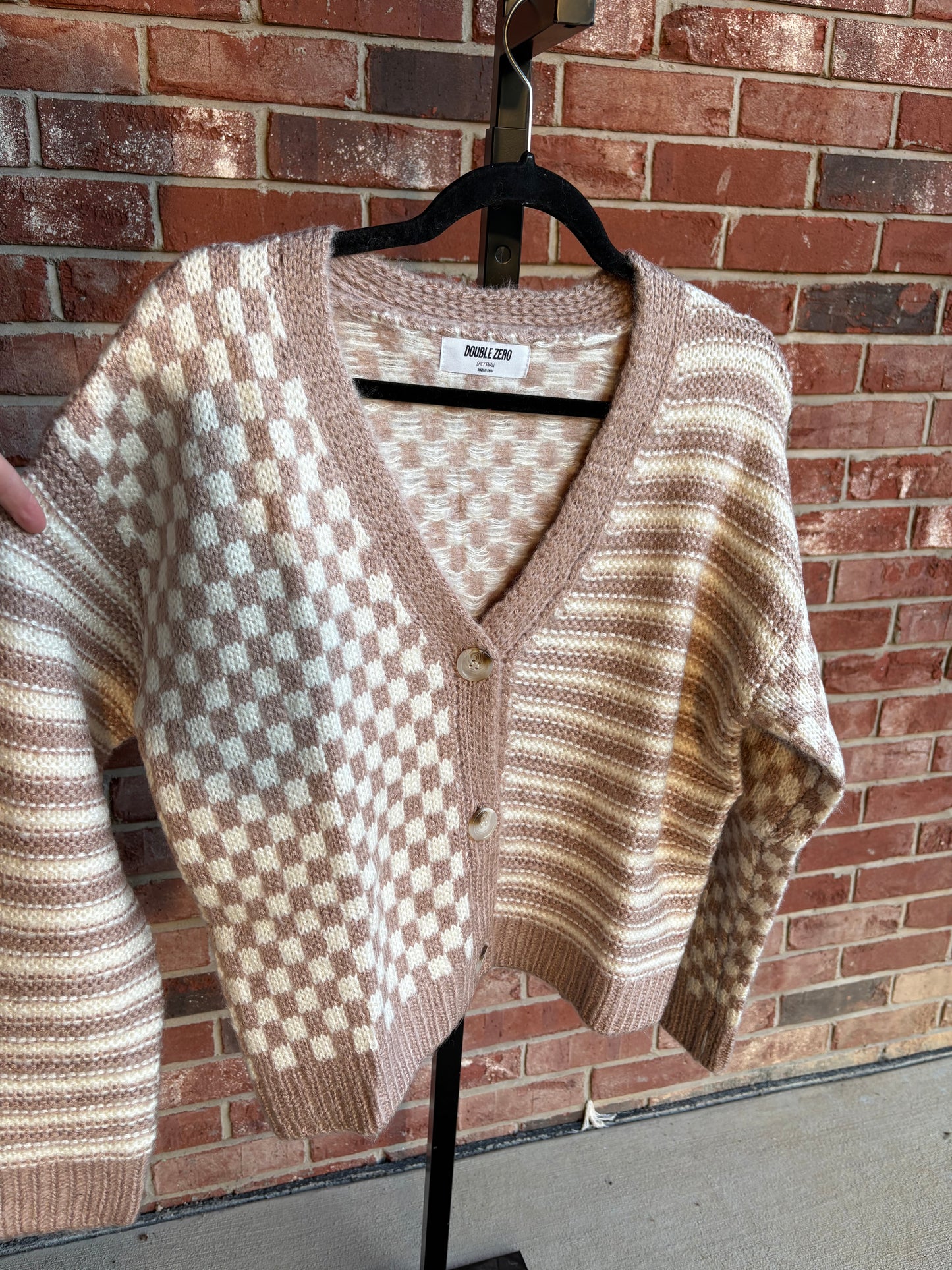 Checkers & Stripes Cardigan Taupe Cream
