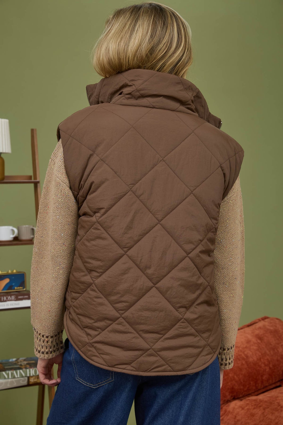 Quilted Zip Up Fleece Lined Puffer Vest Chocolate