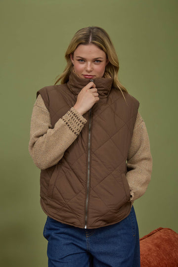 Quilted Zip Up Fleece Lined Puffer Vest Chocolate