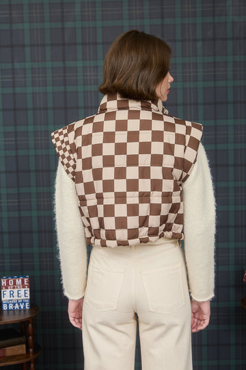 Checkered Cropped Puffer Vest Chocolate