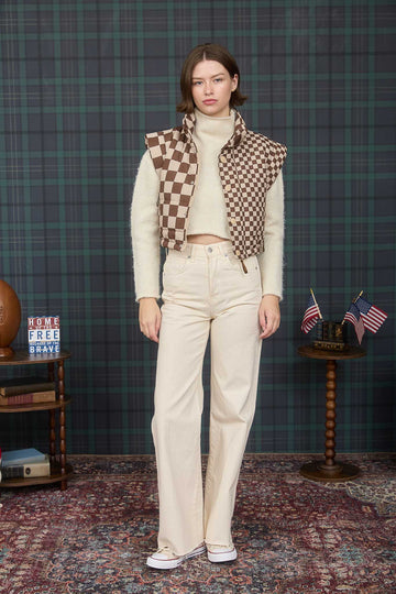 Checkered Cropped Puffer Vest Chocolate