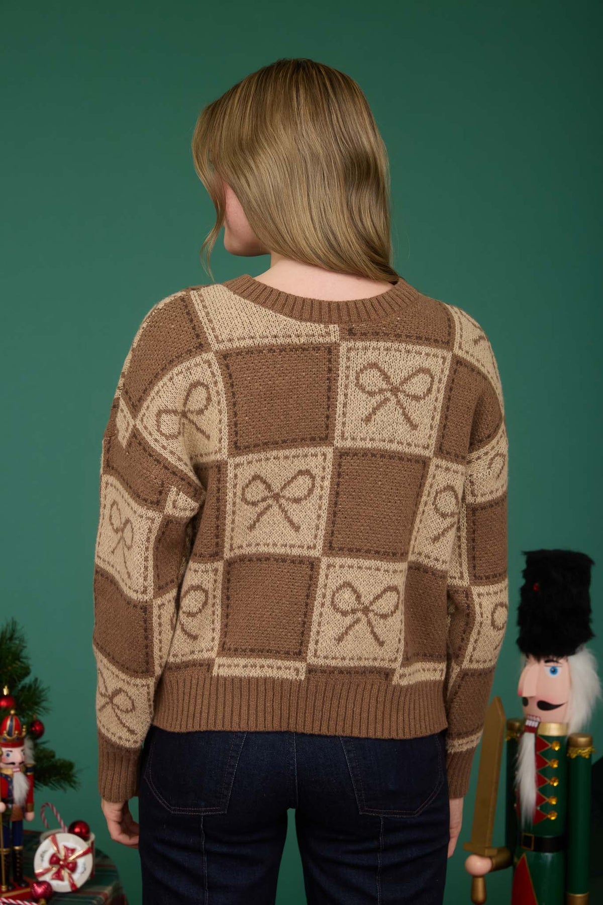 Checkered Bow Jacquard Crewneck Sweater Mocha and Tan