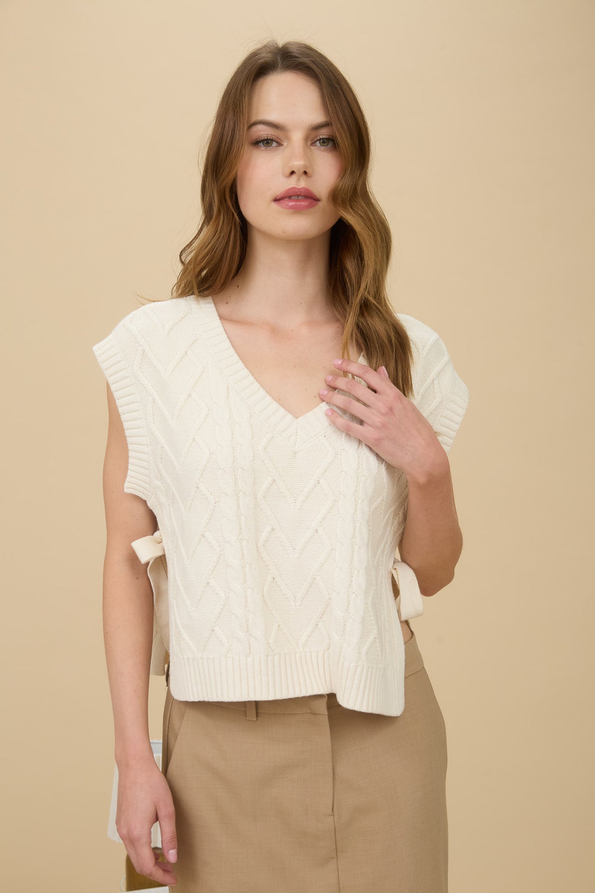 Cream Cable Knit V Neck Side Tie Sweater Vest