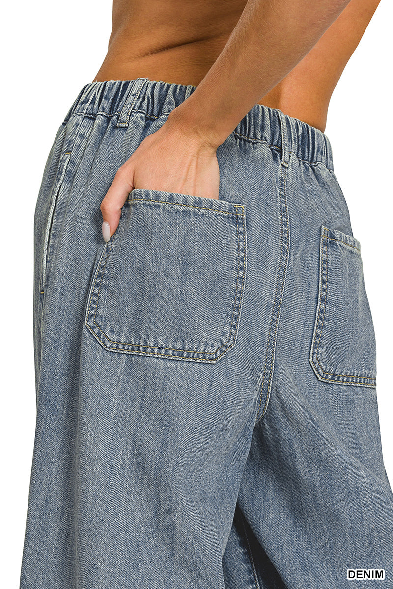 High Waist Wide Leg Drawstring Denim Pants