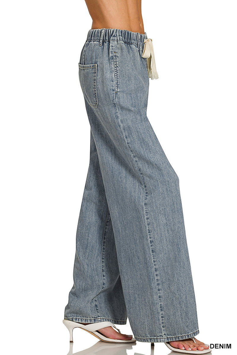 High Waist Wide Leg Drawstring Denim Pants