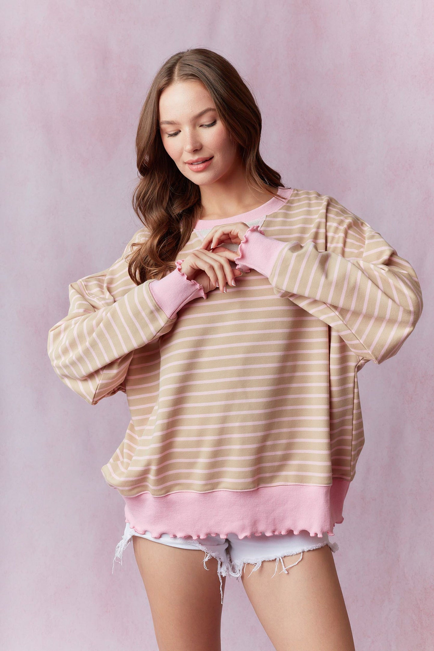 Stripe Terry Top with Lettuce Rib Bottom Light Sand & Soft Pink