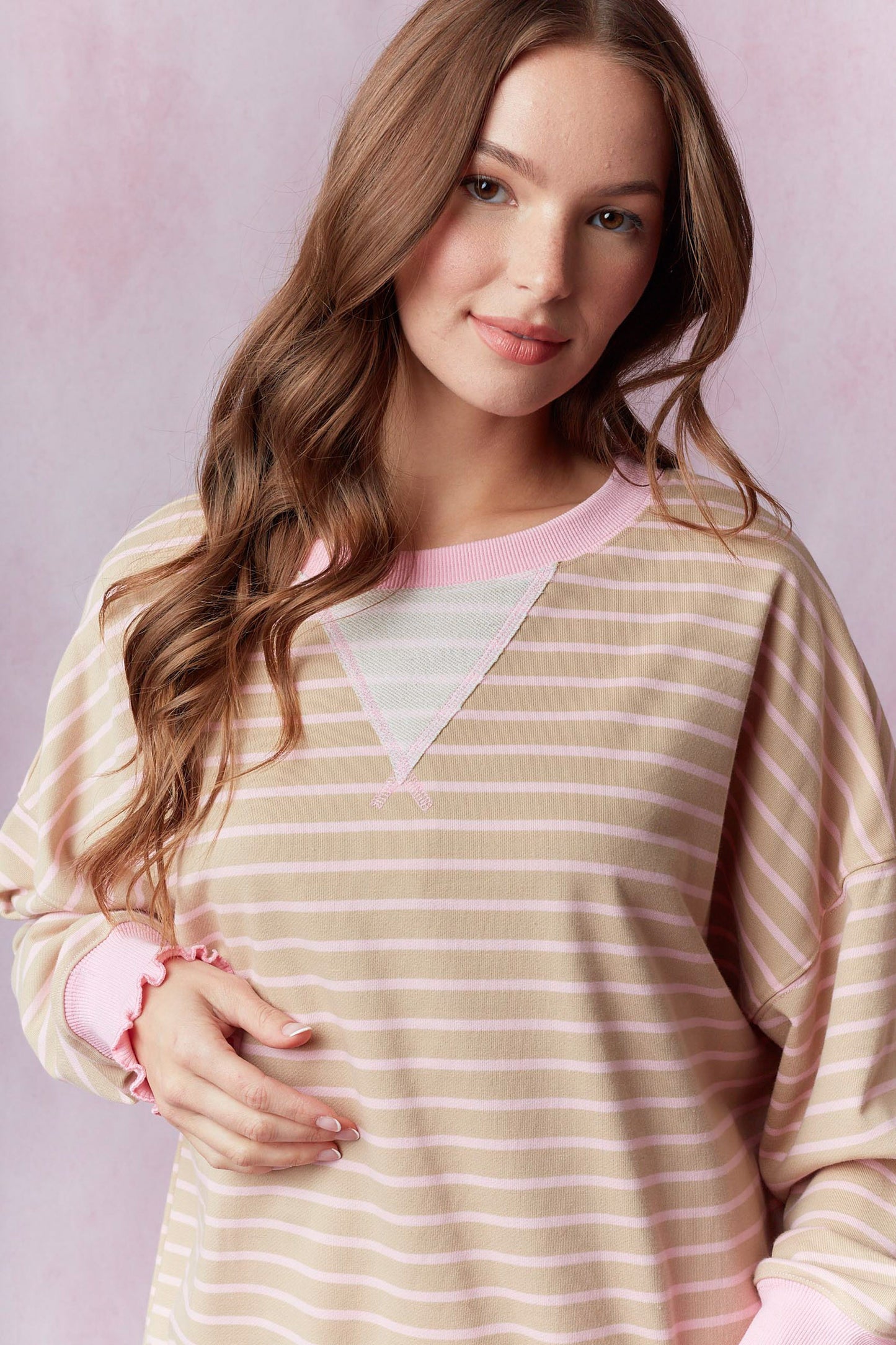 Stripe Terry Top with Lettuce Rib Bottom Light Sand & Soft Pink