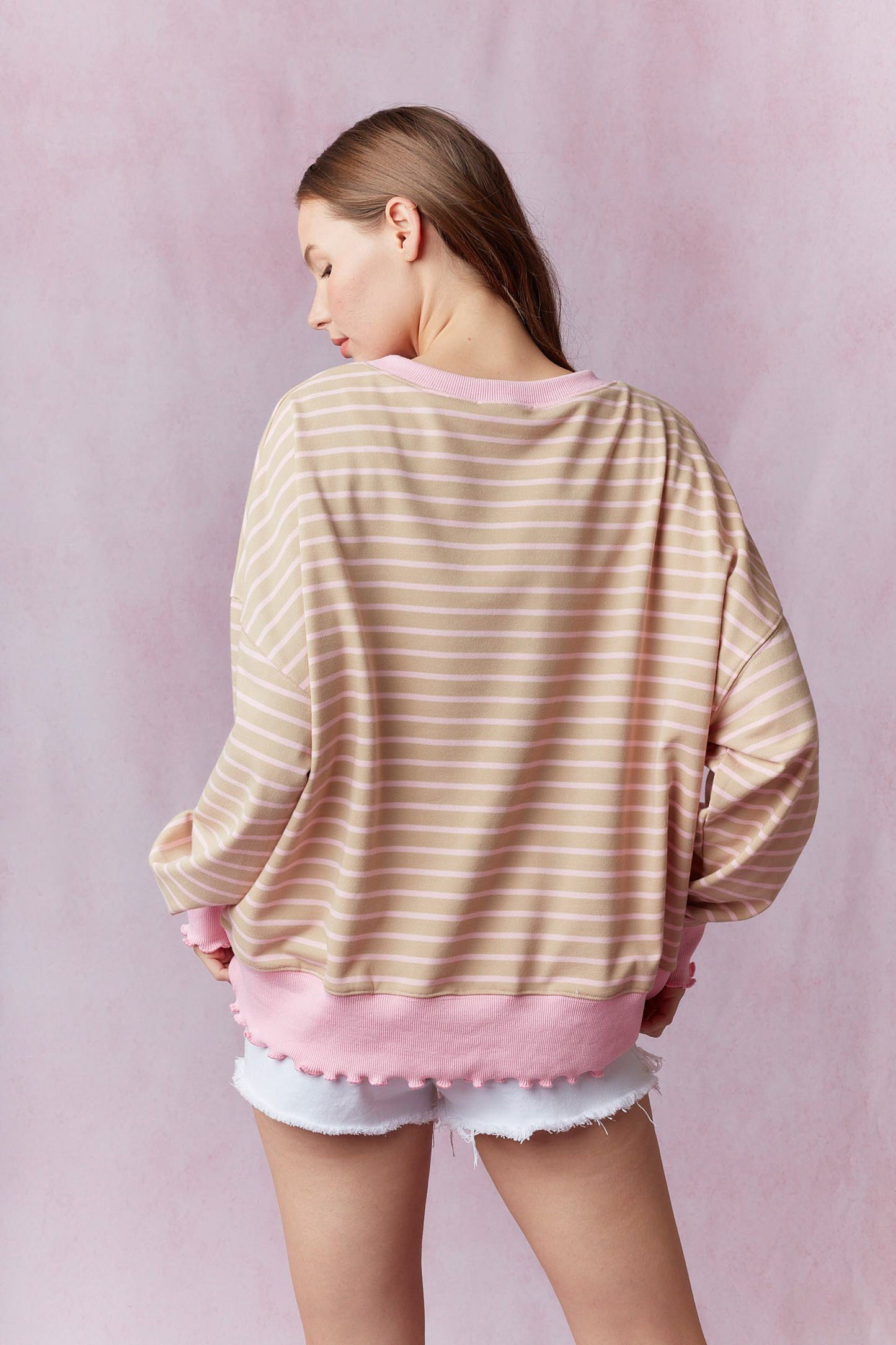 Stripe Terry Top with Lettuce Rib Bottom Light Sand & Soft Pink