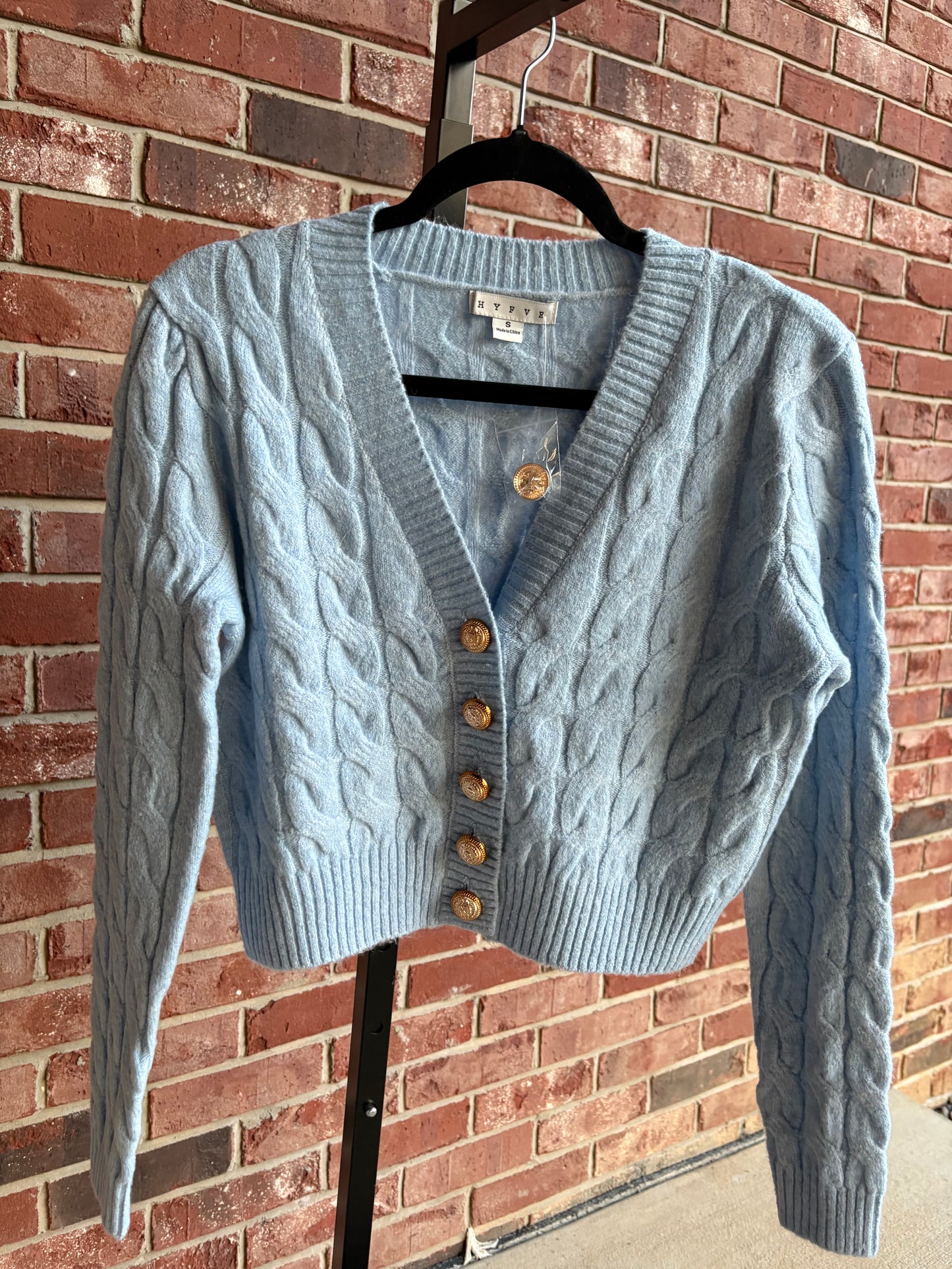 Timeless Grace Baby Blue Cardigan Gold Buttons