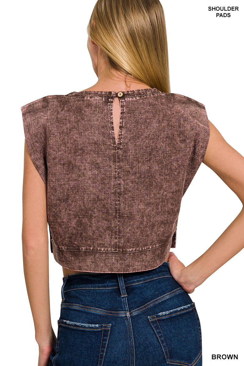 Muscle Acid Washed Side Button Brown Crop