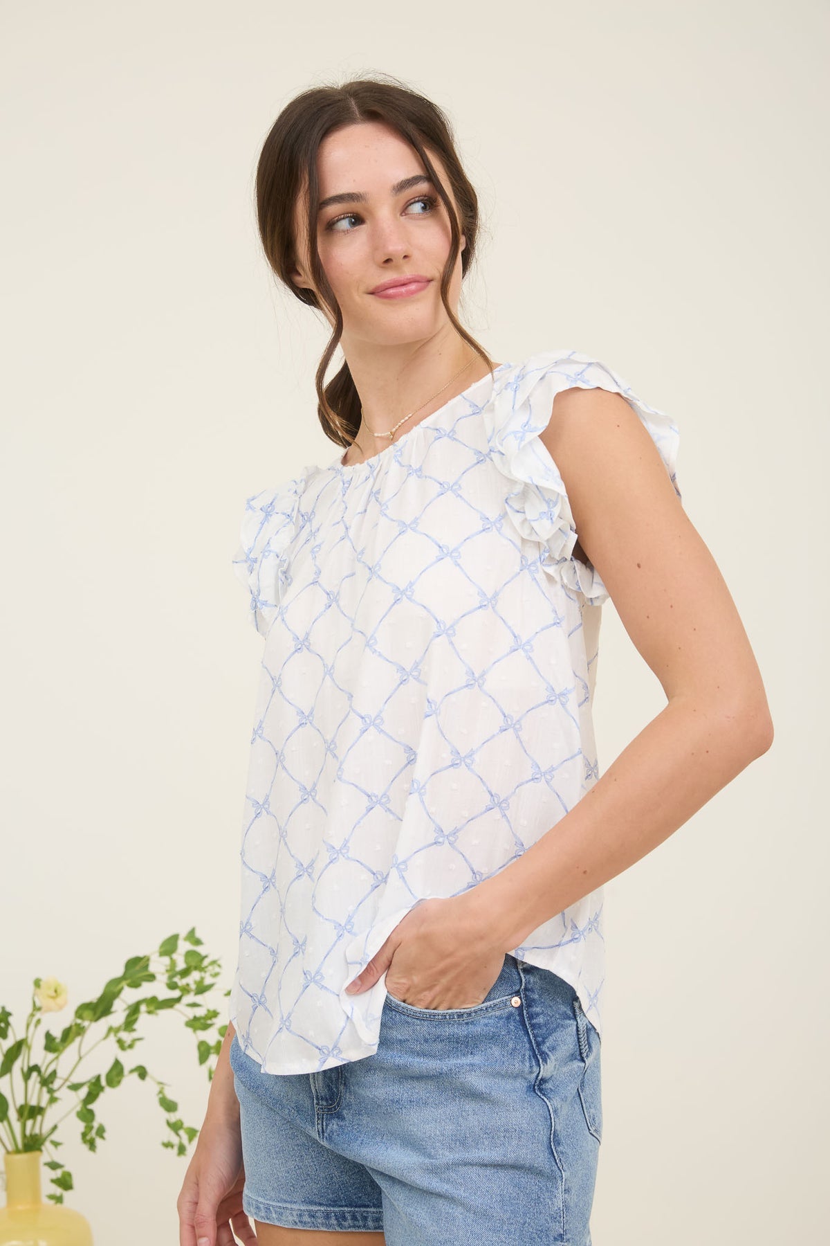 Bow Dot Pattern Ruffle Top