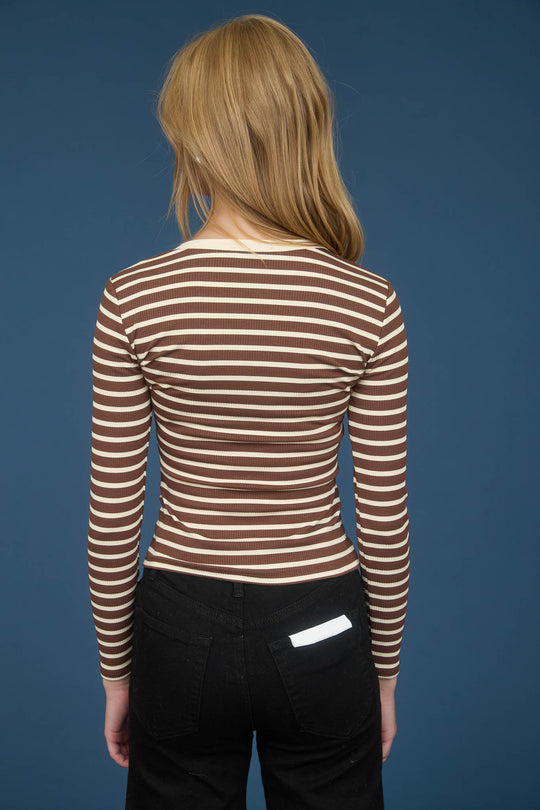 Snap Button Henley Rib Knit Strip Top Chocolate