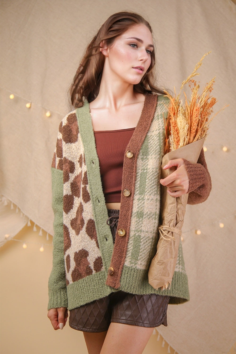 Leopard & Plaid Knit Sweater Cardigan