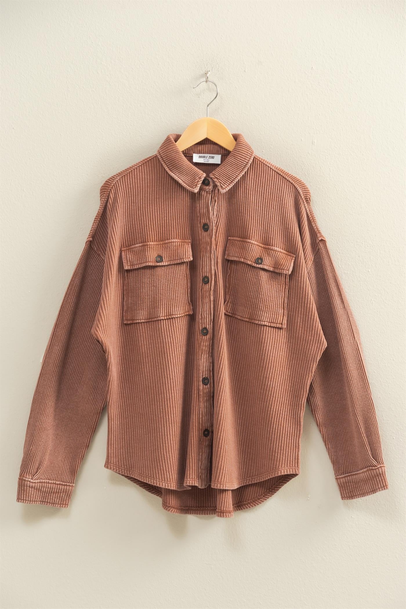 Oversized Mineral Washed Waffle Button Up Shacket Chestnut